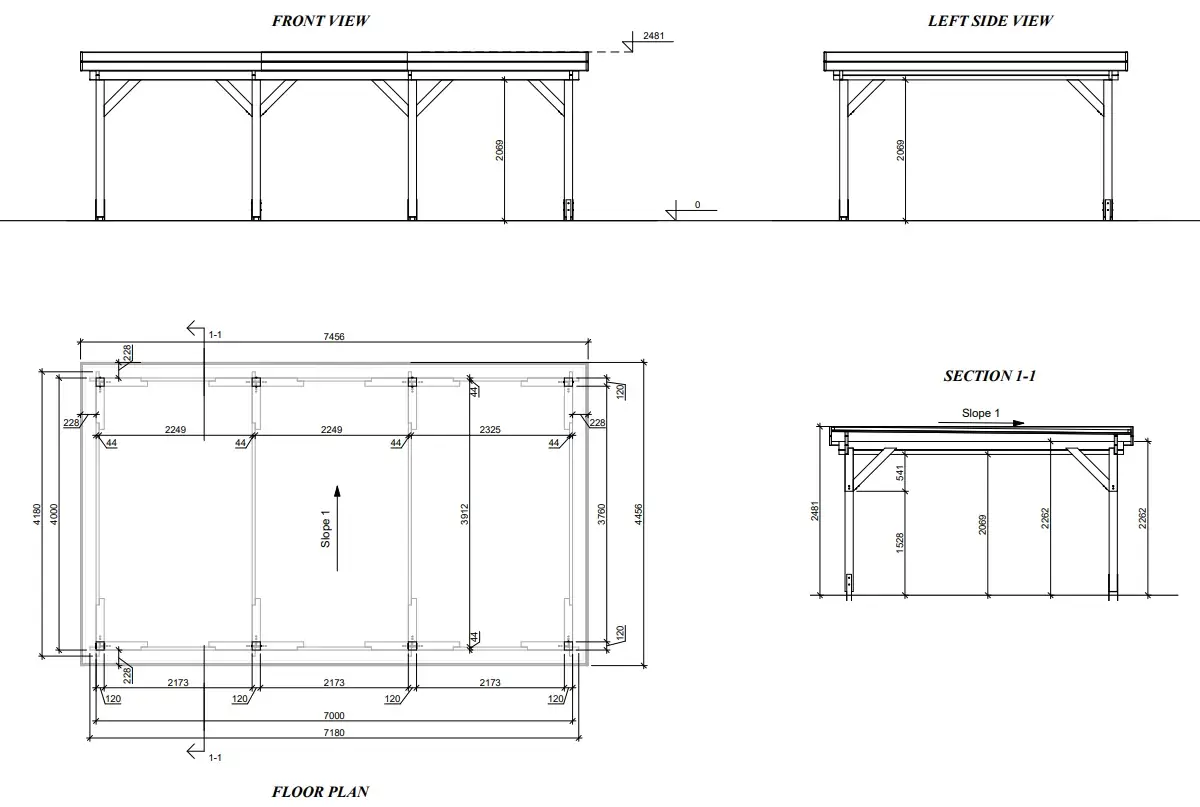 Koka nojumes "Classic" 7×4 ar plakanu jumtu plāns un izmēri Koka nojume "Classic" 7×4 ar plakanu jumtu parāda konstrukcijas plānu ar izmēriem un iekšējo izkārtojumu.