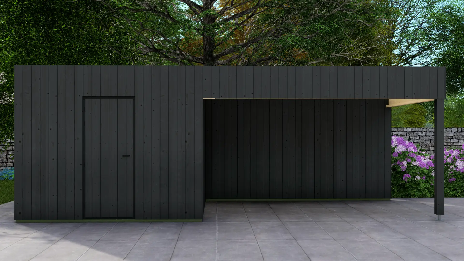 DSHouse dārza mājiņa "Frame" 3x3 ar nojumi 4x3 - kvalitatīva koka konstrukcija Dārza mājiņa "Frame" 3x3 + nojume 4x3 ar minimālistisku koka dizainu un pagarinātu nojumi, kas rada 12 m² segtu verandu.