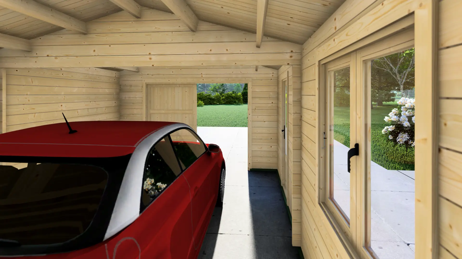 Koka garāža "Stable" 6x4 ar divslīpju jumtu - DSHouse kvalitātes konstrukcija Koka garāža "Stable" 6x4 ar divslīpju jumtu, kas izgatavota no 44 mm ziemeļu egles dēļiem, ar kopējo izmēru 4,00 m × 5,95 m un pilnībā slēgtu konstrukciju.