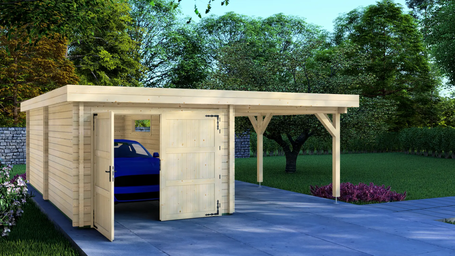 Koka garāža + nojume 6,5×6 no DSHouse - Premium kvalitātes koka konstrukcija Koka garāža + nojume 6,5×6 ar plakanu jumtu un diviem horizontāliem logiem, izgatavota no 68 mm ziemeļu egles, kopējie izmēri 6,10 m × 6,70 m