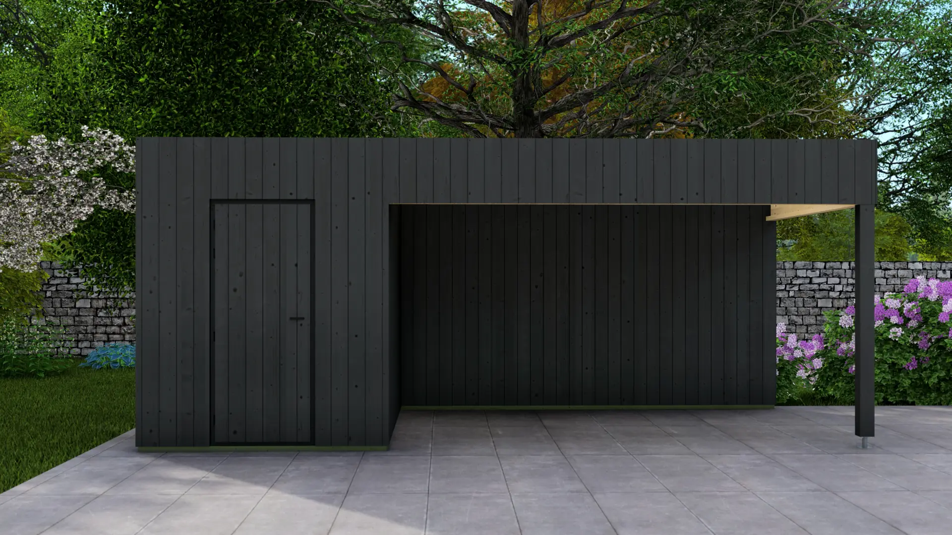 Dārza mājiņa "Frame" 2x3 ar nojumi 4x3 - DSHouse kvalitātes koka konstrukcija Dārza mājiņa "Frame" 2x3 ar nojumi 4x3, kas parāda minimālistisku koka konstrukciju ar pagarinātu nojumi un vertikālu ziemeļu egles apšuvumu.