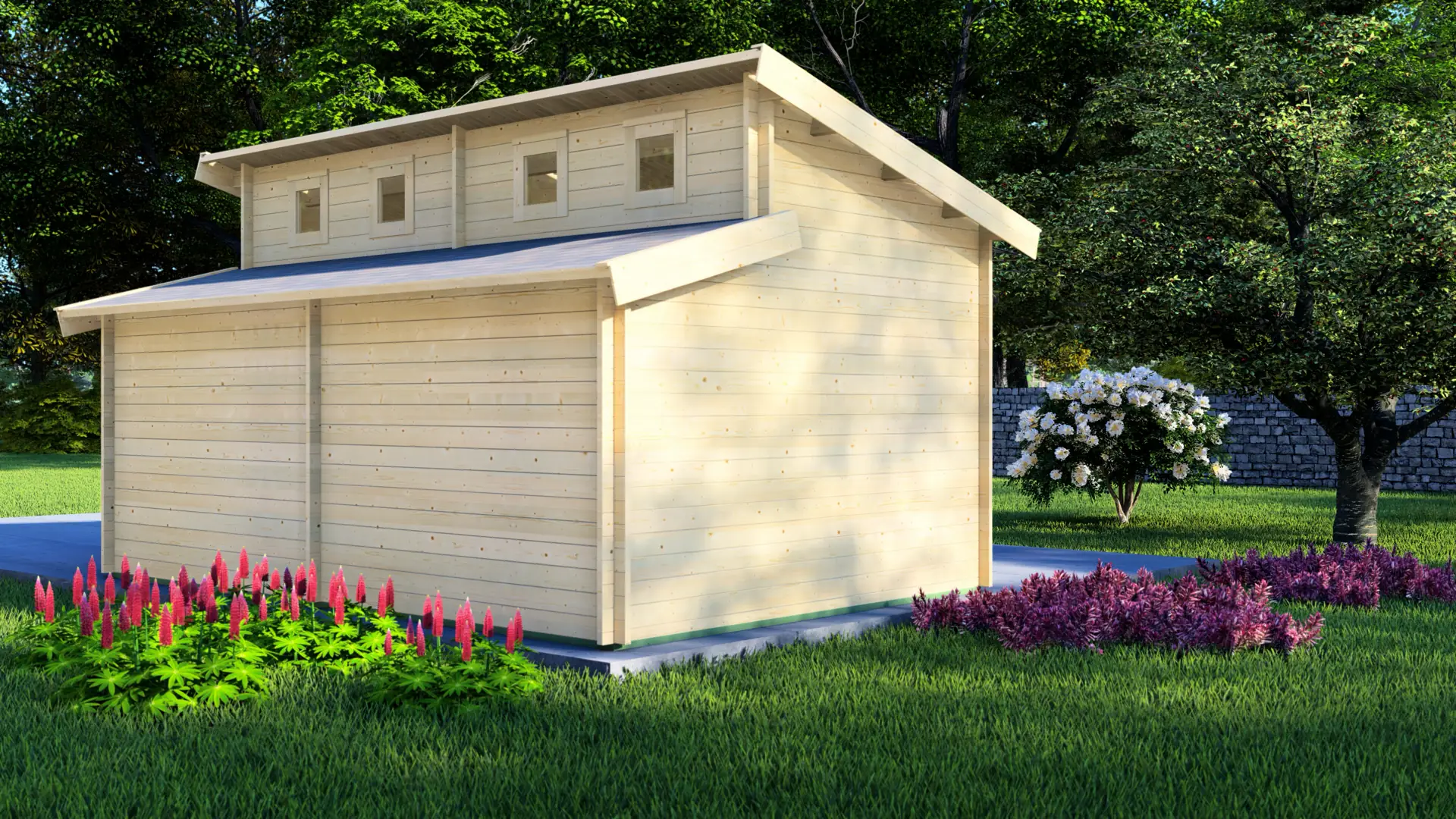 Koka garāža "Active" 6x4 ar paaugstinātu jumtu un augstiem logiem Koka garāža "Active" 6x4 ar paaugstinātu jumta līniju un augstiem logiem, izgatavota no masīvas 44 mm ziemeļu egles, kopējais izmērs 4,00 m × 5,95 m.