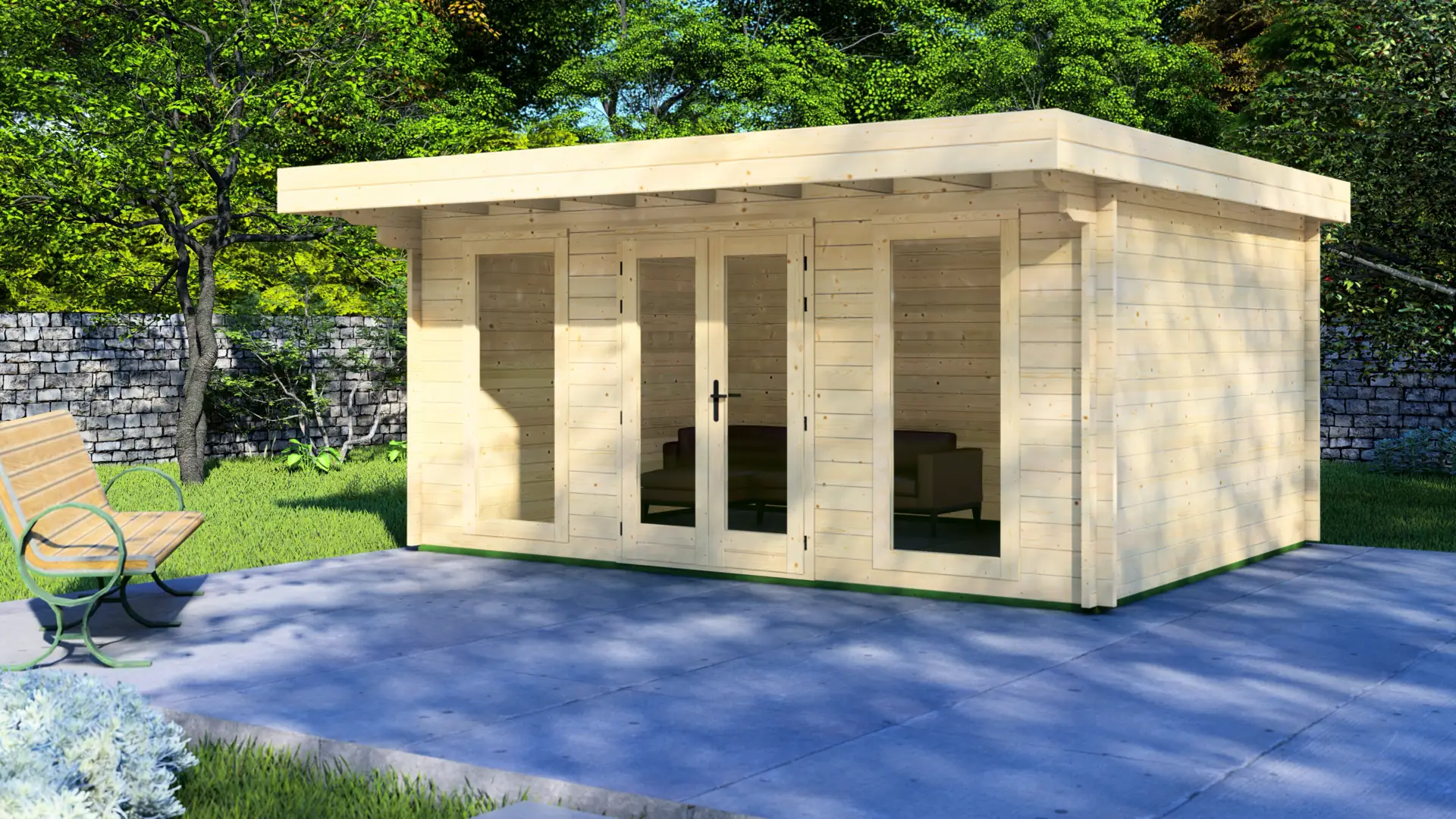 The Creative Log Cabin is a modern Garden Cabin with a flat roof and large windows, ideal for a Home Office or art studio.
