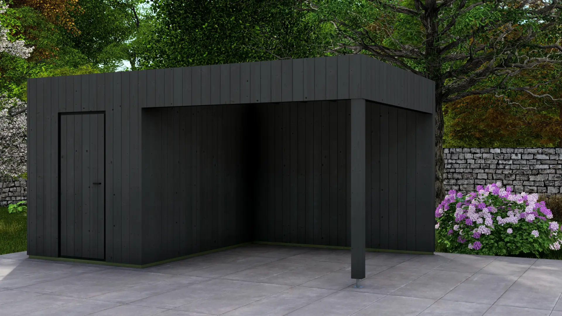 Dārza mājiņa "Frame" 3x3 + nojume 4x3 ar eglēm un vertikālu apšuvumu Dārza mājiņa "Frame" 3x3 + nojume 4x3 ar minimālistisku koka dizainu un pagarinātu nojumi, kas rada 12 m² segtu verandu.