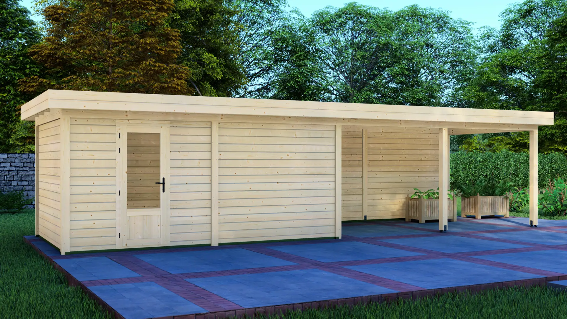 DSHouse dārza mājiņa 5x3m ar nojumi 5x3m - aizmugures skats Dārza mājiņa 5x3m ar nojumi 5x3m aizmugures siena ar horizontālu apšuvumu un plakanu jumtu, kas veido mierīgu un minimālu izskatu.