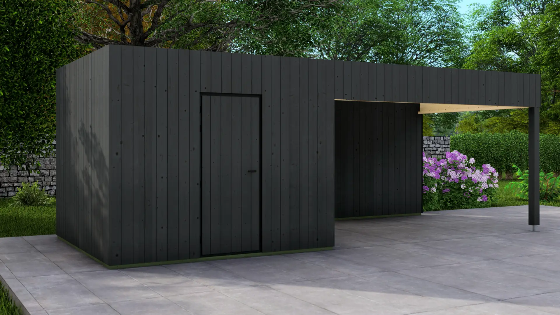 Dārza mājiņa "Frame" 3x3 + nojume 4x3 ar 18 m² apbūves laukumu Dārza mājiņa "Frame" 3x3 + nojume 4x3 ar minimālistisku koka dizainu un pagarinātu nojumi, kas rada aizsargātu zonu.