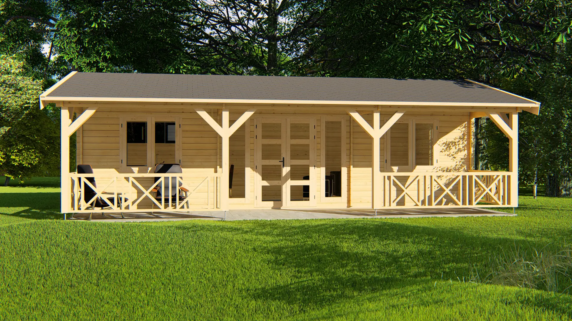 Dārza māja "Glorious" - 53 m² koka konstrukcija ar terasi Dārza māja "Glorious" ar plašu terasi un divslīpju jumtu, izgatavota no ziemeļu egles ar sešiem logiem bagātīgam dabiskajam apgaismojumam.