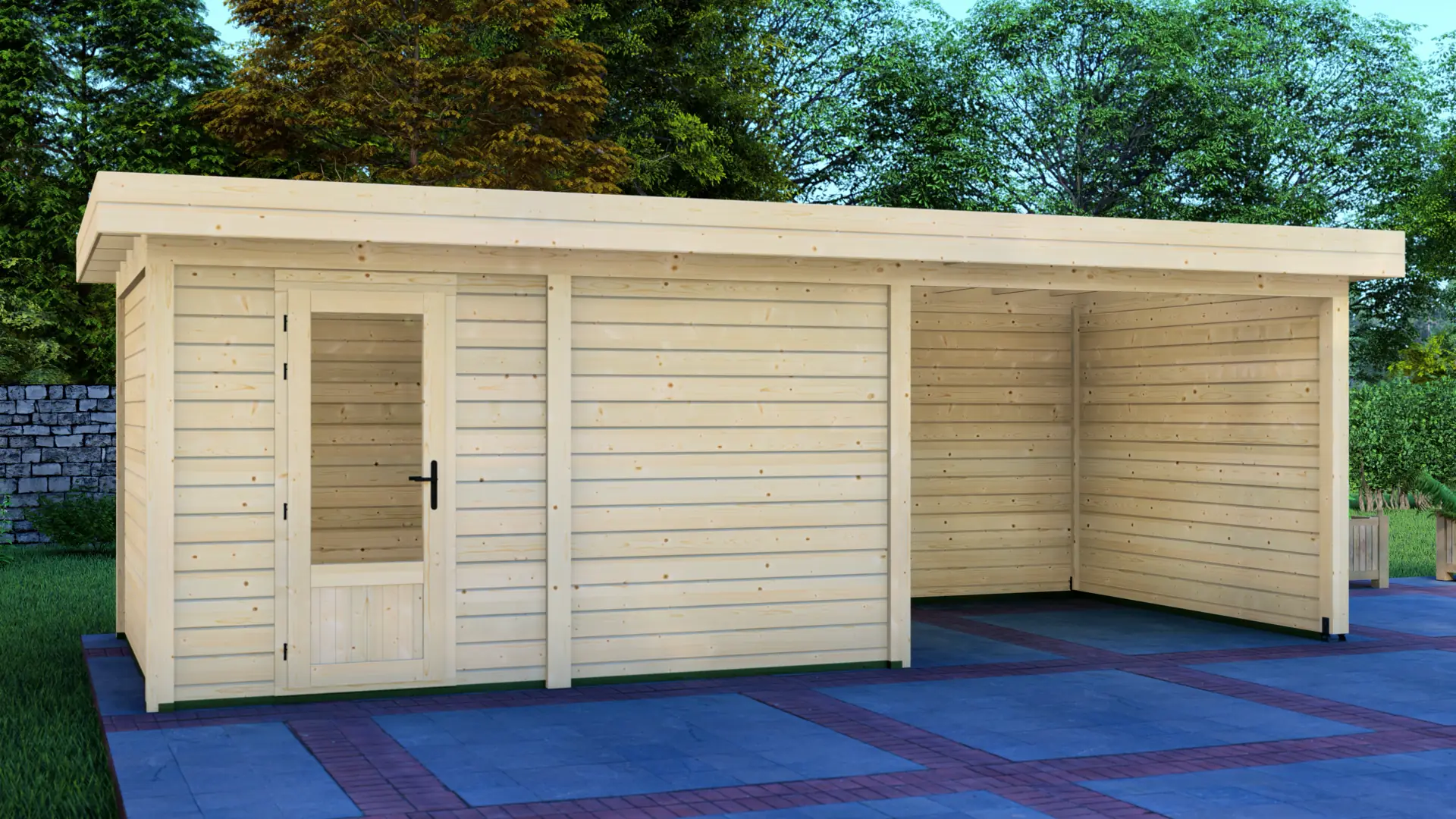 DSHouse dārza mājiņa 4x3m ar nojumi 3x3m - sānu sienas skats Dārza mājiņa 4x3m ar nojumi 3x3m rāda modulāras ziemeļu egles konstrukcijas sānu sienu ar horizontālu apšuvumu un plakanu jumtu.