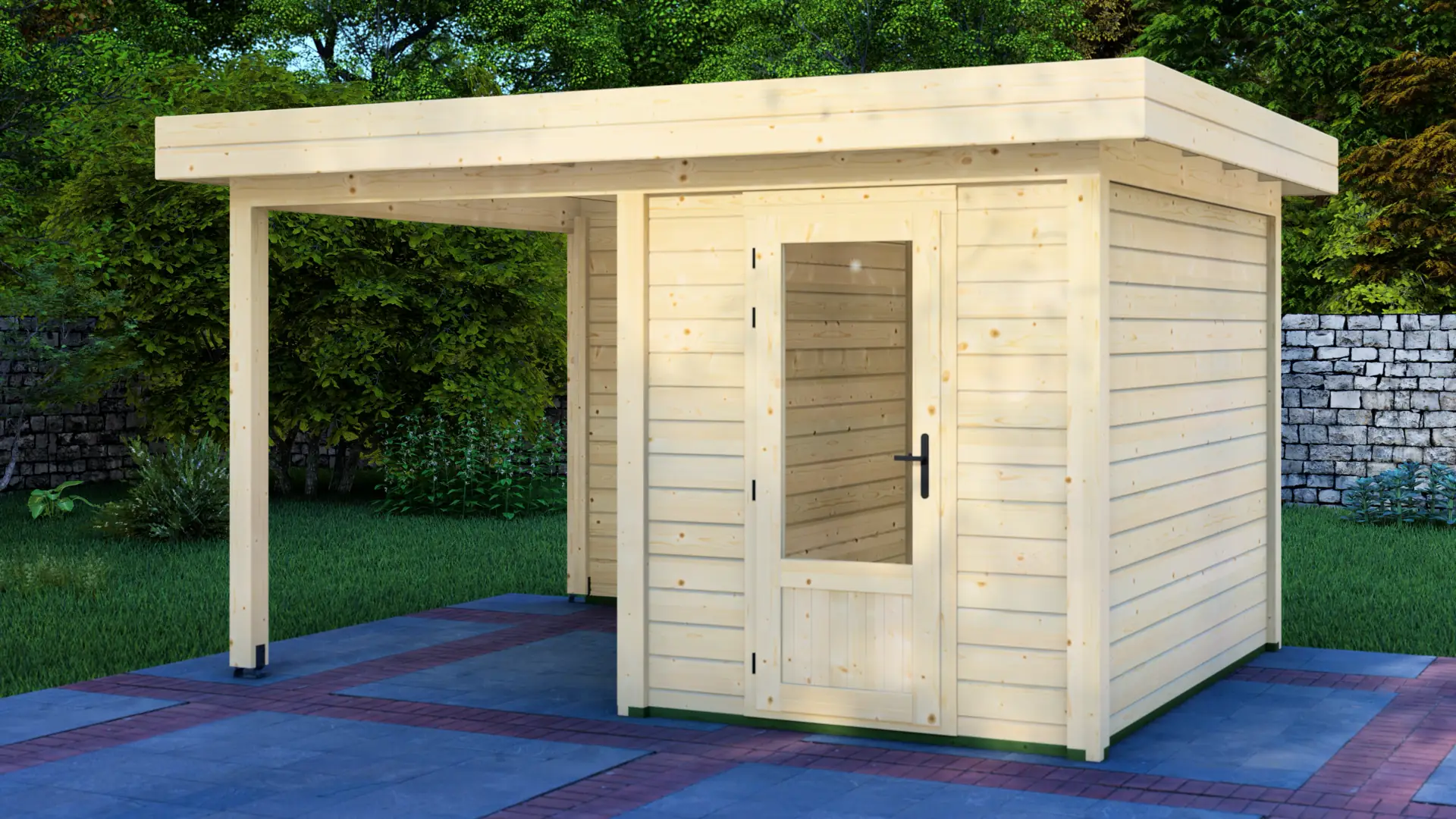 DSHouse dārza mājiņa 2x3m ar nojumi 2x3m - aizmugures sienas skats Dārza mājiņa 2x3m ar nojumi 2x3m aizmugures sienas skats uz modulāru ziemeļu egles konstrukciju ar horizontālu apšuvumu un plakanu jumtu