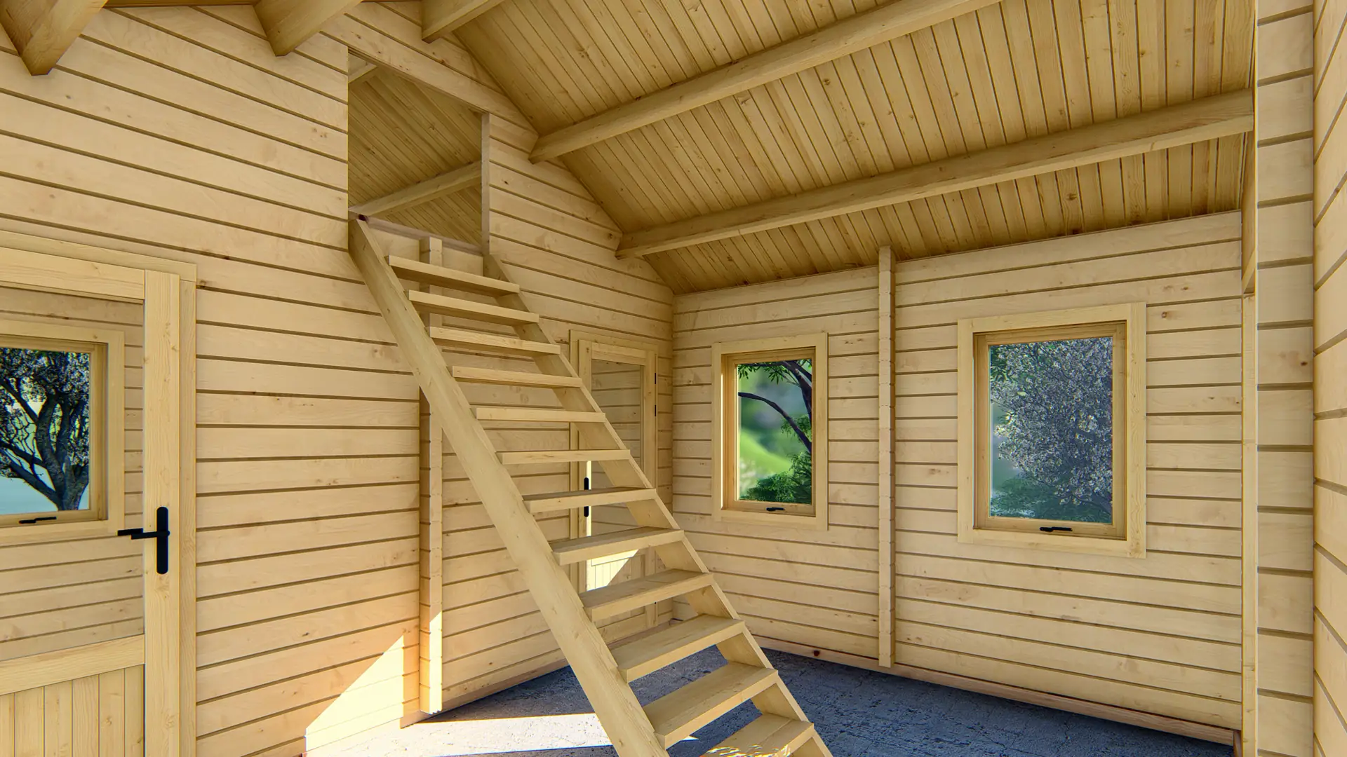 Dārza mājiņa "Calm" - 34,9 m² dzīvojamā platība Dārza mājiņa "Calm" ar trim pirmā stāva telpām un 10 m² pusstāvu, izgatavota no ziemeļu egles ar septiņiem dubultajiem logiem.