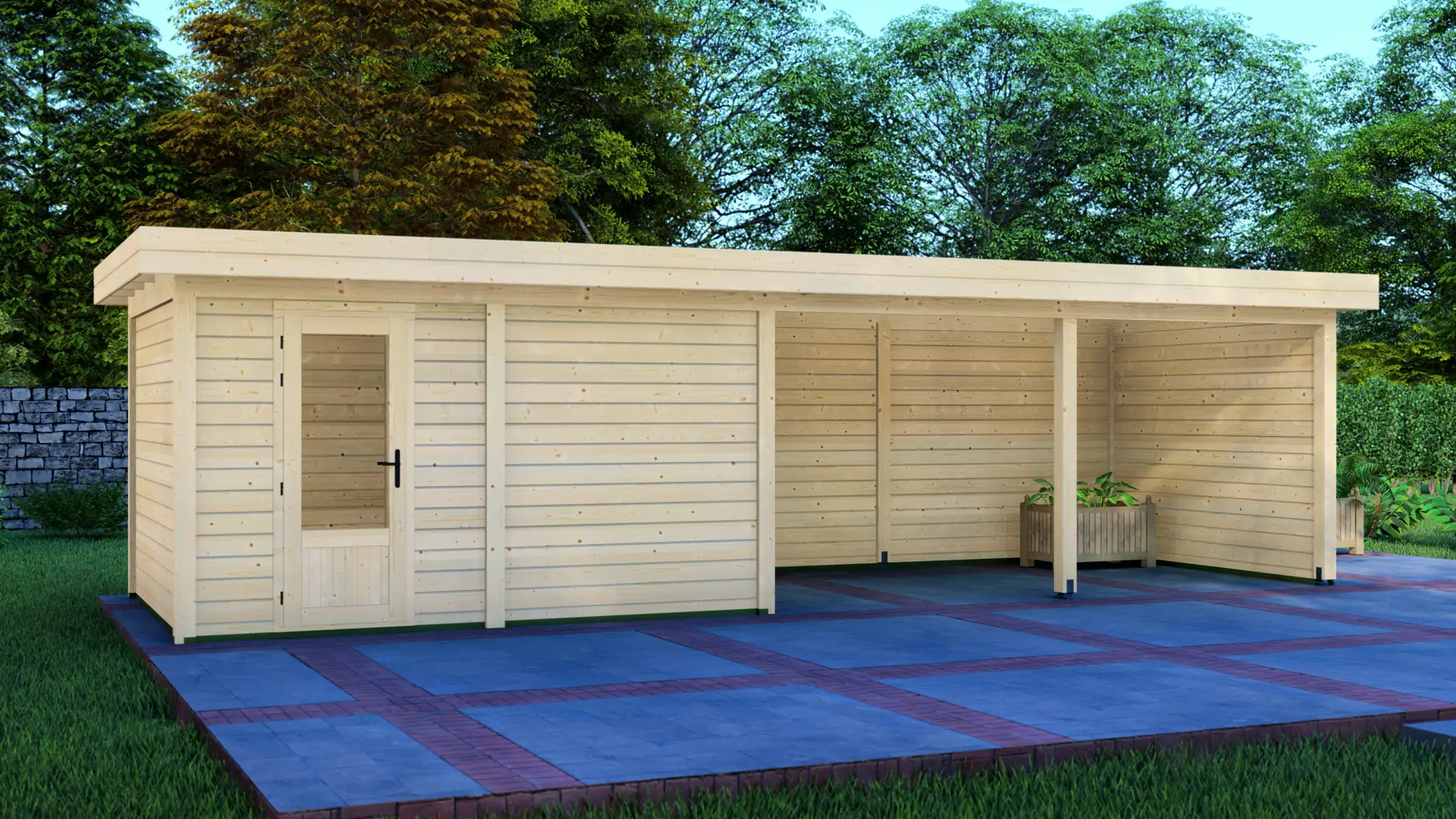 DSHouse dārza mājiņa 4x3m ar nojumi 5x3m - aizmugures un sānu sienas skats Dārza mājiņa 4x3m ar nojumi 5x3m aizmugures sienas un sānu sienas skats ar horizontālu apšuvumu un plakanu jumtu