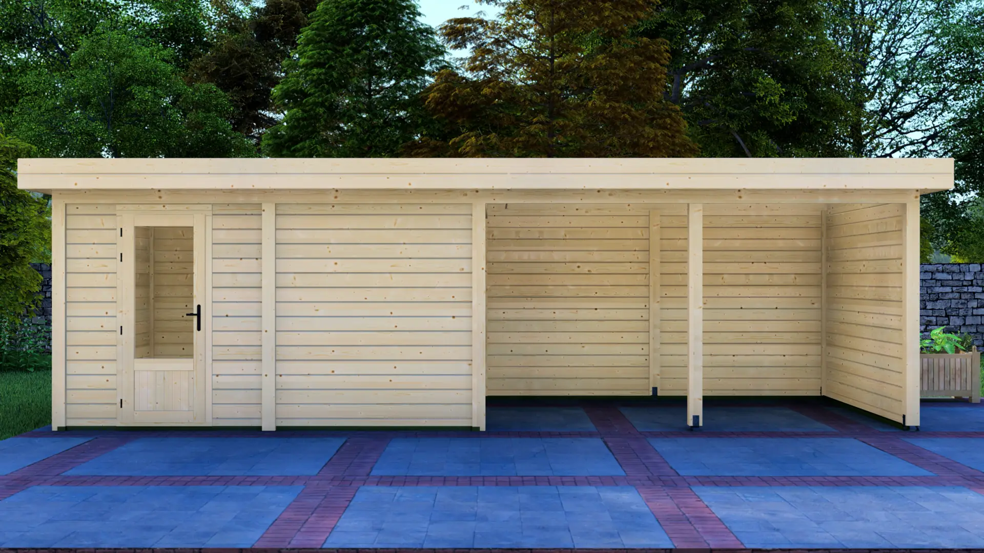 Dārza mājiņa 4x3m ar nojumi 4x3m - aizmugures un sānu sienas skats Dārza mājiņa 4x3m ar nojumi 4x3m aizmugures sienas un sānu sienas skats ar horizontālu apšuvumu un plakanu jumtu
