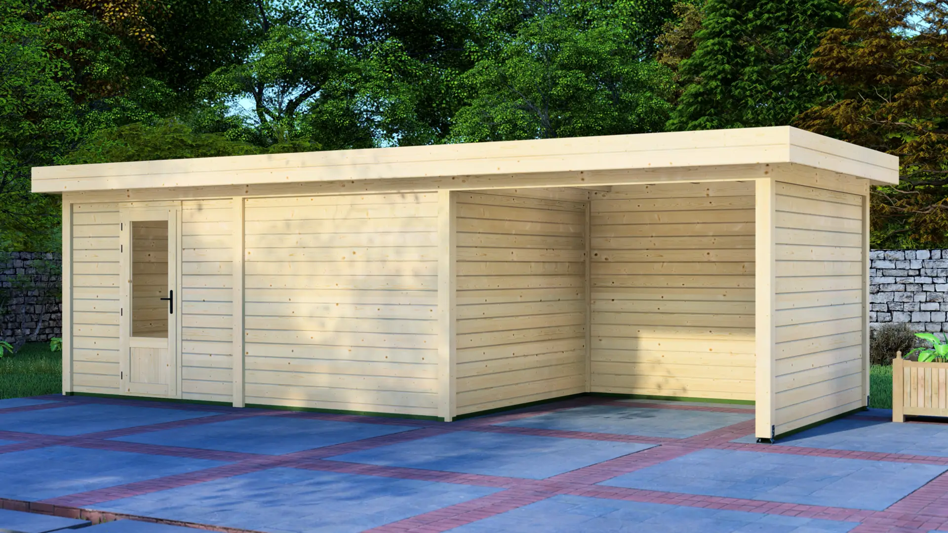 DSHouse dārza mājiņa 5x3m ar nojumi 3x3m - aizmugures un sānu sienas skats Dārza mājiņa 5x3m ar nojumi 3x3m aizmugures un sānu sienas skats ar horizontālu apšuvumu un plakanu jumtu