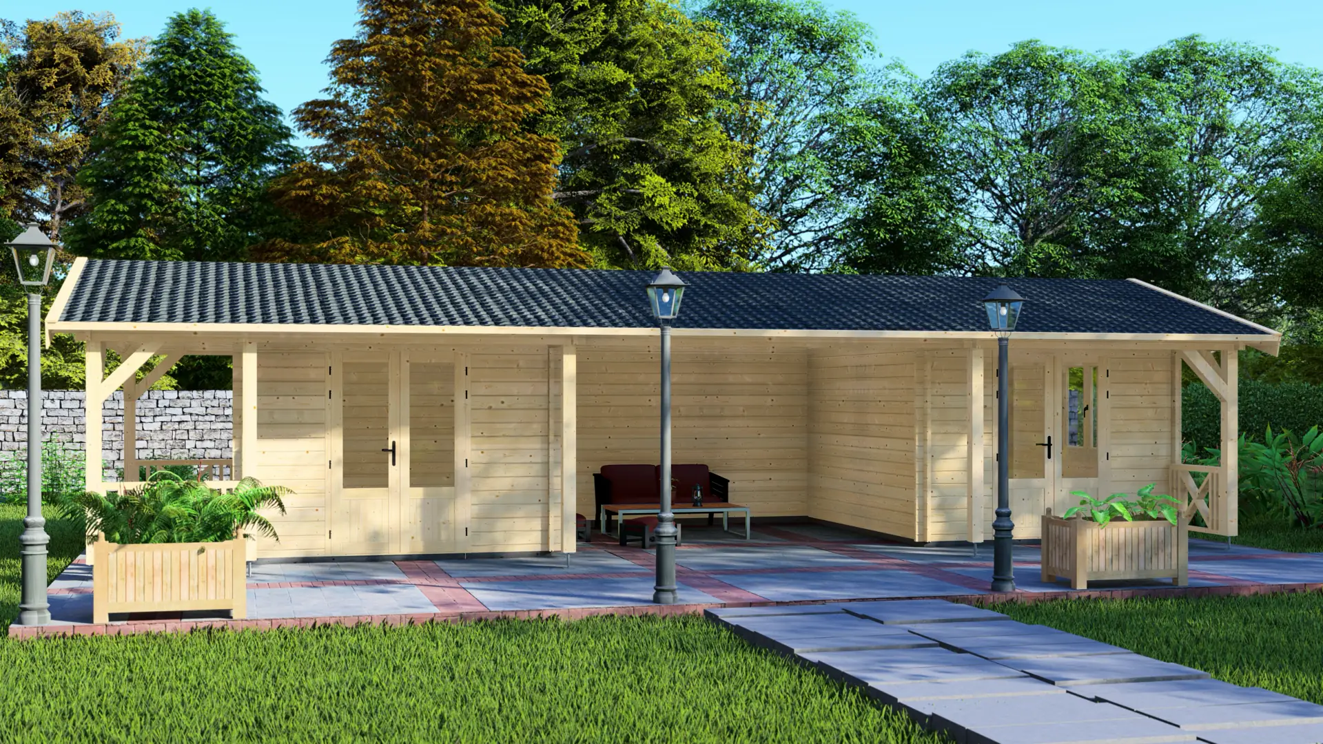 Dārza mājiņa "Relax" - 60 m² koka konstrukcija ar divslīpju jumtu Dārza mājiņa "Relax" ar 60 m² platību, divslīpju jumtu un centrālo atvērto terasi, kas atdala divas privātas telpas.