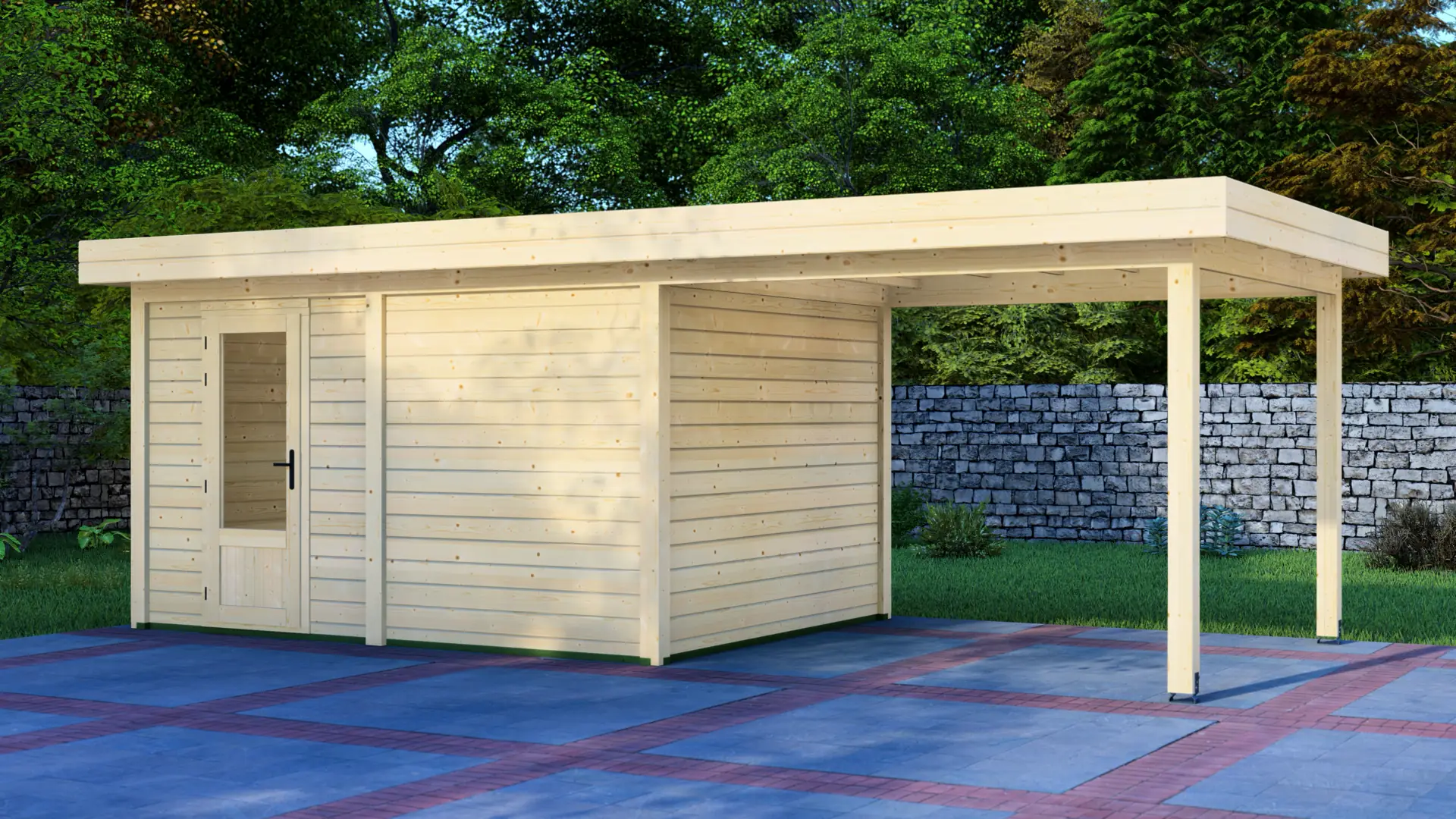 DSHouse dārza mājiņa 4x3m ar nojumi 3x3m - frontālais skats Dārza mājiņa 4x3m ar nojumi 3x3m - modulāra ziemeļu egles mājiņa ar horizontālu apšuvumu un plakanu jumtu, kas paplašinās, veidojot atsevišķu nojumi.