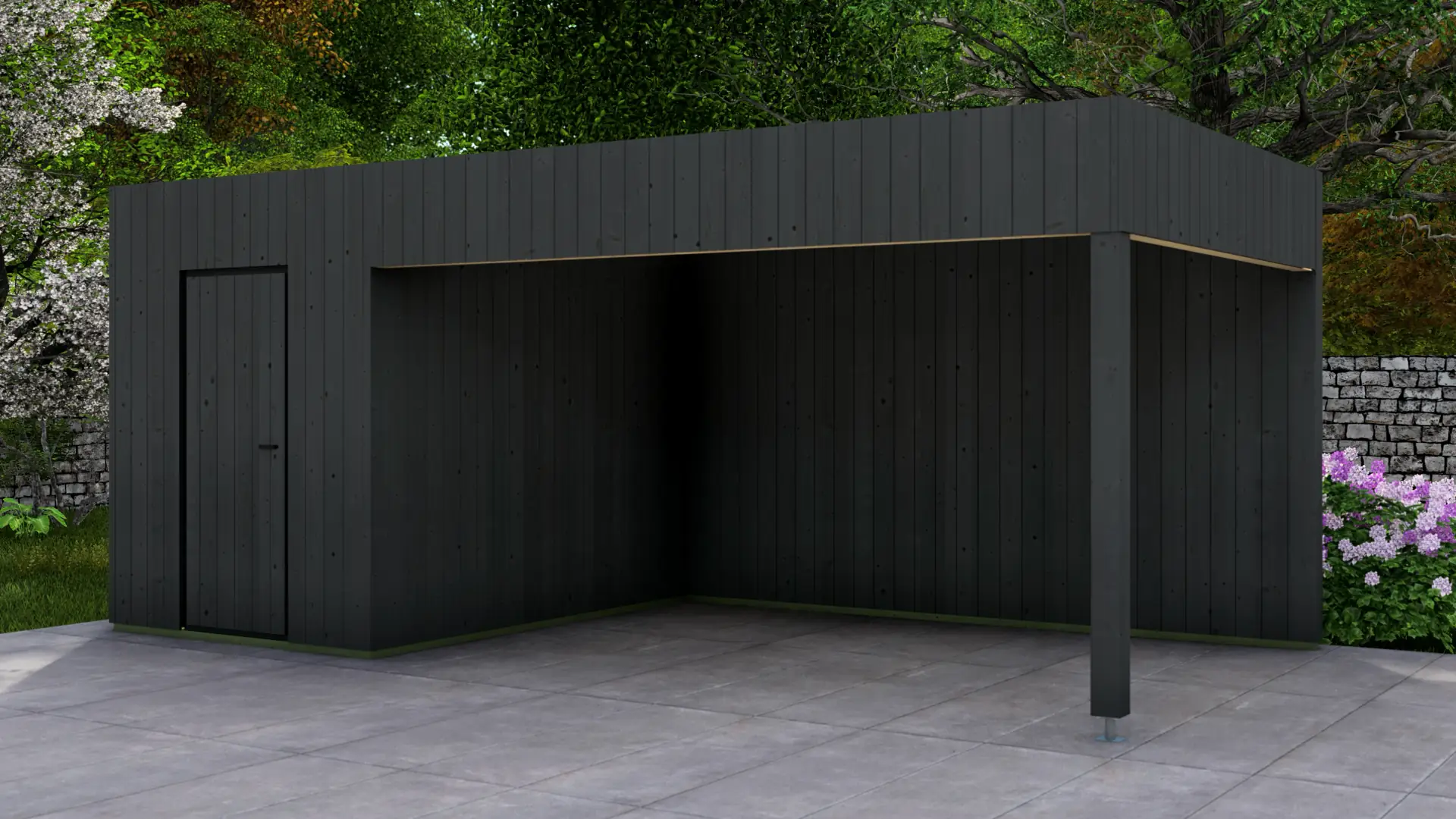 Dārza mājiņa "Frame" 2x3 + nojume 4x3 ar egle apšuvumu Dārza mājiņa "Frame" 2x3 + nojume 4x3 ar minimālistisku koka dizainu un pagarinātu nojumi, kas rada 18 m² kopējo apbūves laukumu.