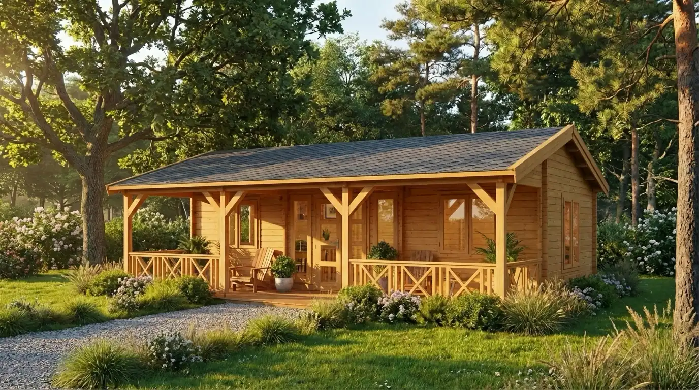 Backyard cabin with wooden exterior and pitched roof, showcasing DSHouse Latvia's high-quality garden house construction