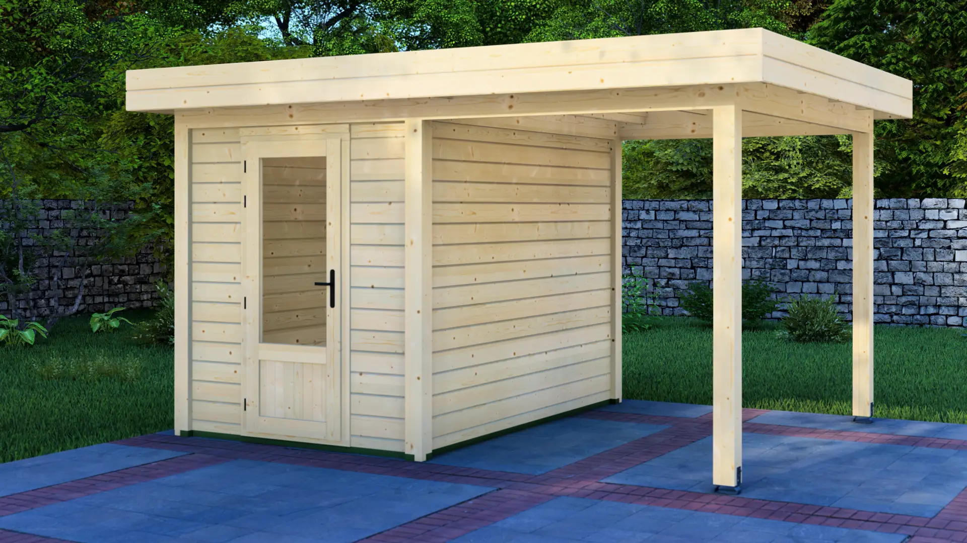 Dārza mājiņa 2x3m ar nojumi 2x3m - modulāra koka konstrukcija Dārza mājiņa 2x3m ar nojumi 2x3m - modulāra slēgta ziemeļu egles konstrukcija ar horizontālu apšuvumu un plakanu jumtu, kas pagarināta ar nojumi.