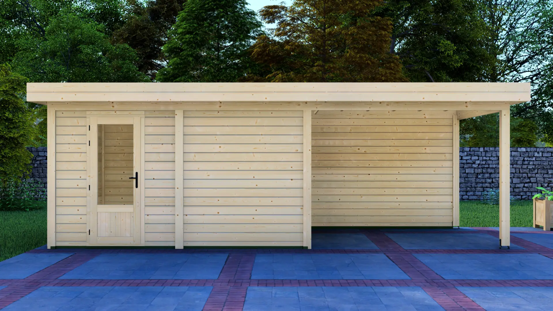 DSHouse dārza mājiņa 4x3m ar nojumi 3x3m - aizmugures skats Dārza mājiņa 4x3m ar nojumi 3x3m aizmugures siena ar horizontālu apšuvumu un plakanu jumtu, kas veido mierīgu un minimālu izskatu.