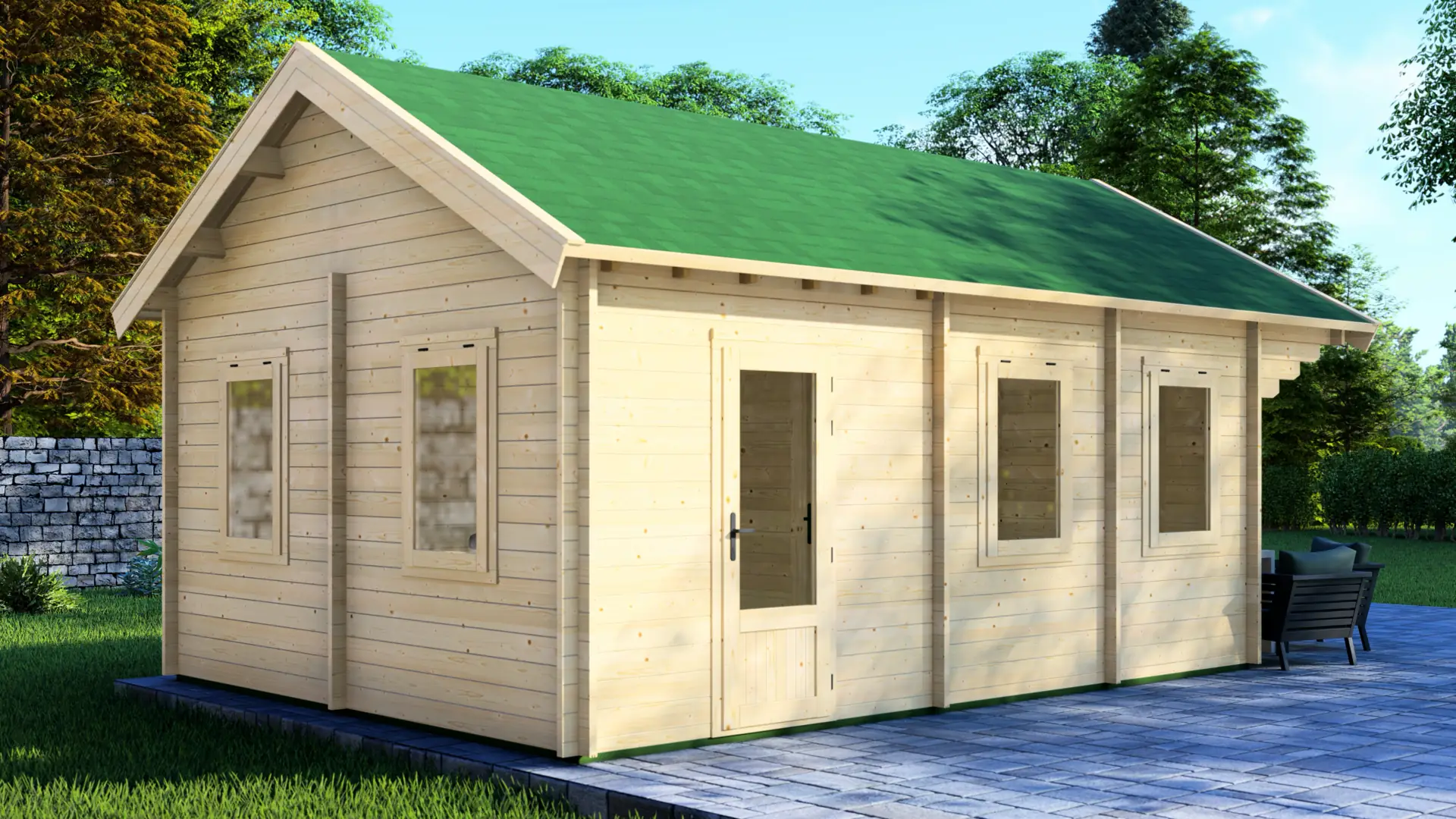 DSHouse dārza mājiņa "Calm" - 34,9 m² dzīvojamā platība Dārza mājiņa "Calm" ar trim pirmā stāva telpām un 10 m² pusstāvu, izgatavota no ziemeļu egles ar septiņiem dubultajiem logiem.