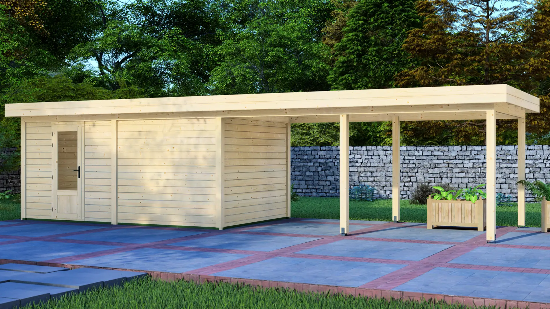 Dārza mājiņa 5x3m ar nojumi 5x3m - modulāra koka konstrukcija Dārza mājiņa 5x3m ar nojumi 5x3m - modulāra 15m² slēgta ziemeļu egles mājiņa ar horizontālu apšuvumu un plakanu jumtu, kas paplašinās, veidojot 15m² lielu nojumi