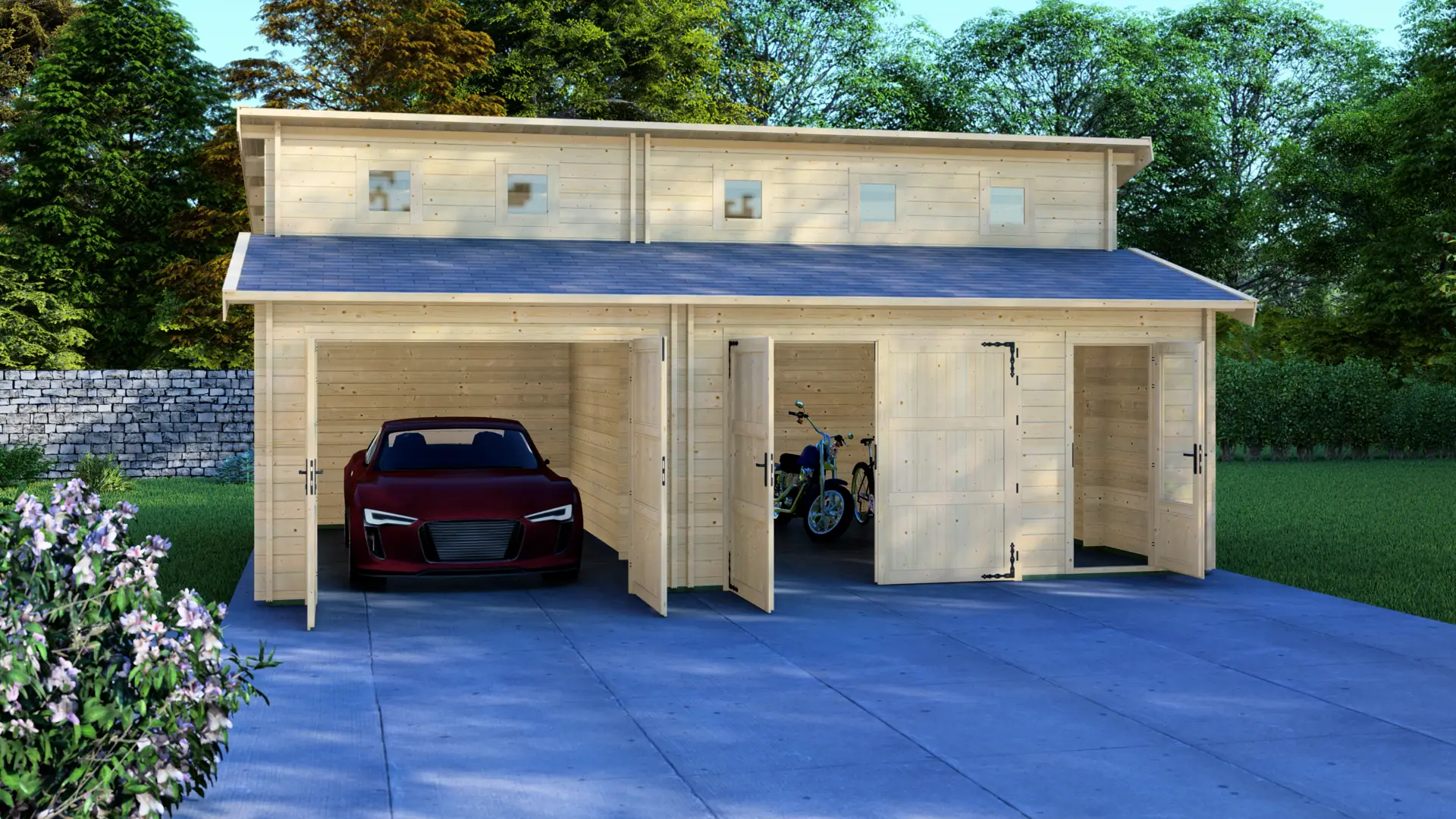 Koka garāža "Active Double-2" 8x6 - DSHouse augstās kvalitātes koka konstrukcija Koka garāža "Active Double-2" 8x6 ar augstāku jumta daļu un vairākiem augstajiem logiem, izgatavota no masīvas 44 mm ziemeļu egles, kopējais izmērs 5,95 m × 8,00 m