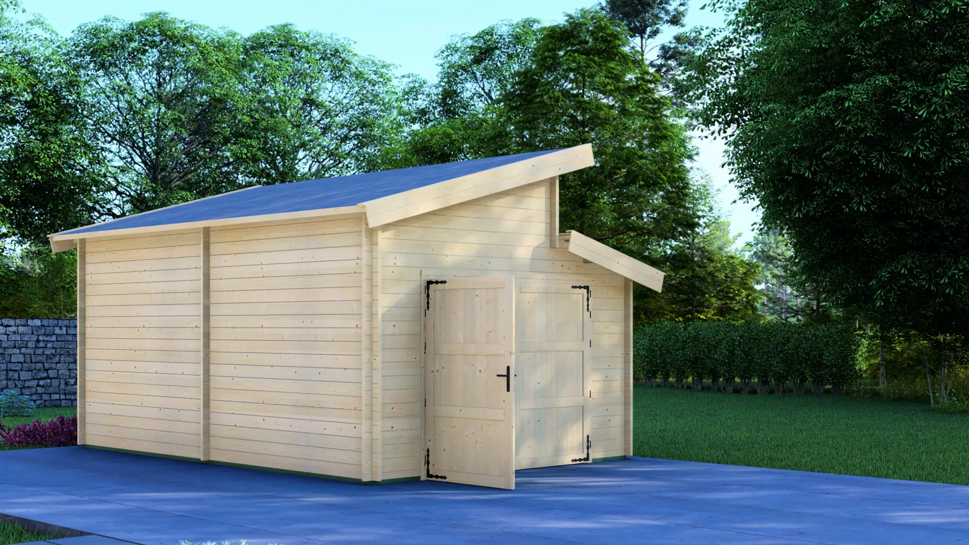 Koka garāža "Active" 6x4 ar paaugstinātu jumtu un augstiem logiem Koka garāža "Active" 6x4 ar paaugstinātu jumta līniju un augstiem logiem, izgatavota no masīvas 44 mm ziemeļu egles, kopējais izmērs 4,00 m × 5,95 m.