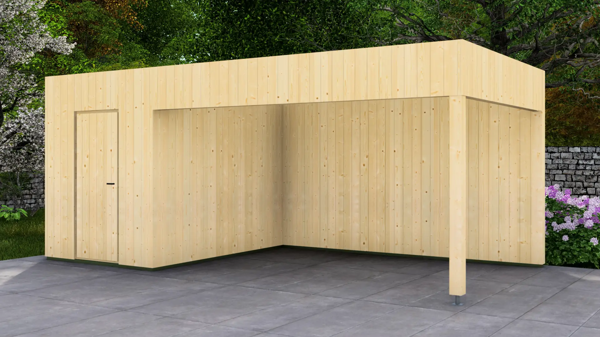 Dārza mājiņa "Frame" 2x3 + nojume 4x3 ar eglēm un segtu verandu Dārza mājiņa "Frame" 2x3 + nojume 4x3 ar minimālistisku koka dizainu un pagarinātu nojumi, kas rada 12 m² segtu verandu un 6 m² slēgtu platību.