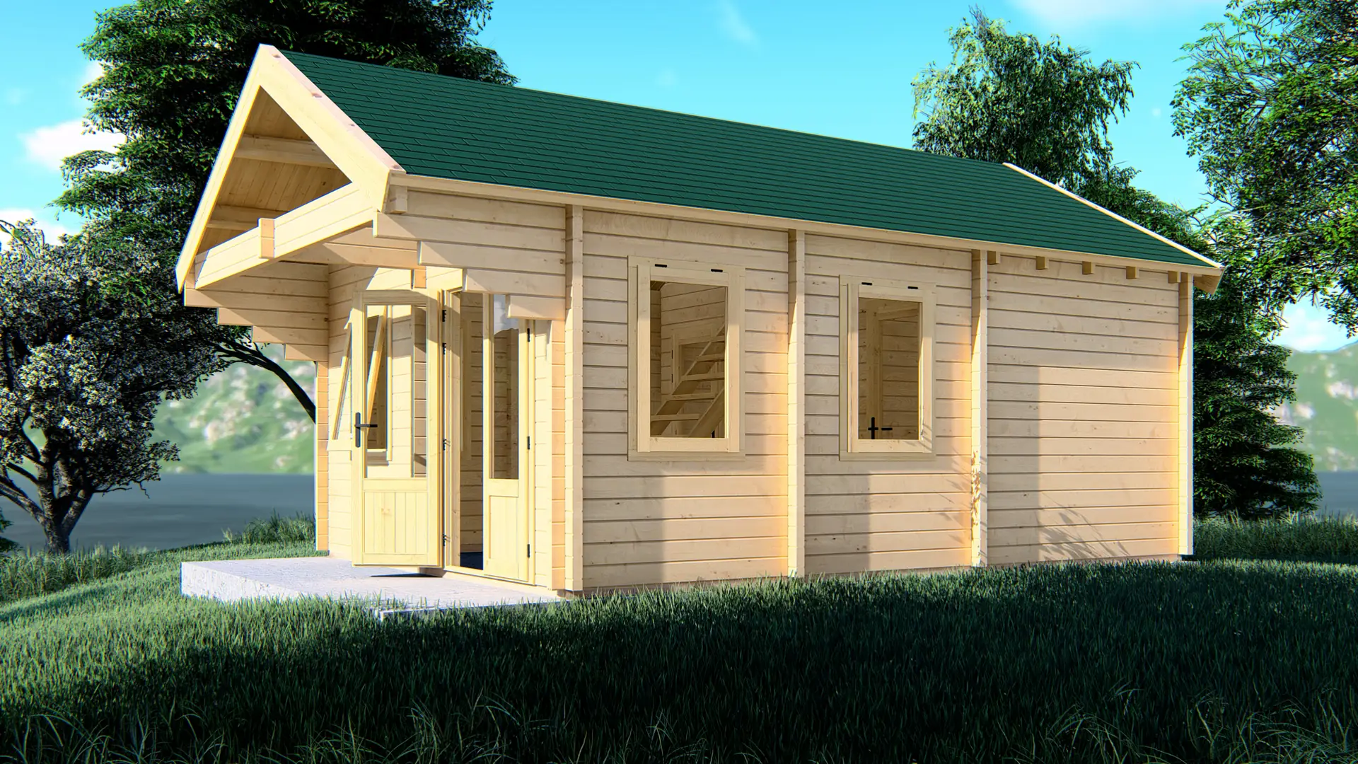 Dārza mājiņa "Calm" - 34,9 m² dzīvojamā platība ar kompaktu apbūves laukumu Dārza mājiņa "Calm" ar trim pirmā stāva telpām un 10 m² pusstāvu, izgatavota no ziemeļu egles ar septiņiem dubultajiem logiem.