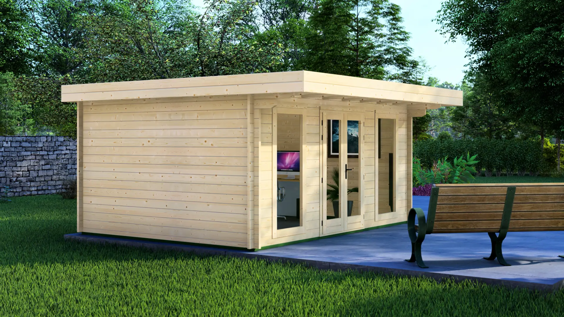 Koka mājiņa "Creative" - 17,3m² dārza mājiņa ar 44mm ziemeļu egles sienām Koka mājiņa "Creative" - mūsdienīga dārza mājiņa ar plakanu jumtu un plašiem logiem, ideāli piemērota mājas birojam vai mākslas studijai