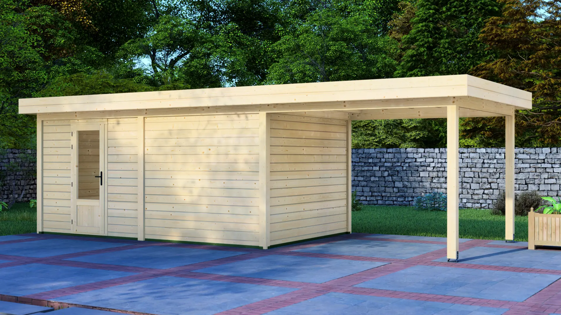 Dārza mājiņa 5x3m ar nojumi 3x3m - DSHouse kvalitātes koka konstrukcija Dārza mājiņa 5x3m ar nojumi 3x3m - modulāra ziemeļu egles mājiņa ar horizontālu apšuvumu un plakanu jumtu, kas paplašinās, veidojot atsevišķu nojumi.