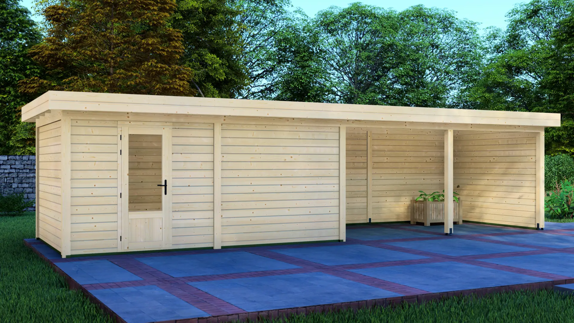 DSHouse dārza mājiņa 5x3m ar nojumi 5x3m - aizmugures un sānu sienas skats Dārza mājiņa 5x3m ar nojumi 5x3m parāda aizmugures sienas un sānu sienas skatu uz modulāru 15m² slēgtu ziemeļu egles mājiņu ar horizontālu apšuvumu un plakanu jumtu.