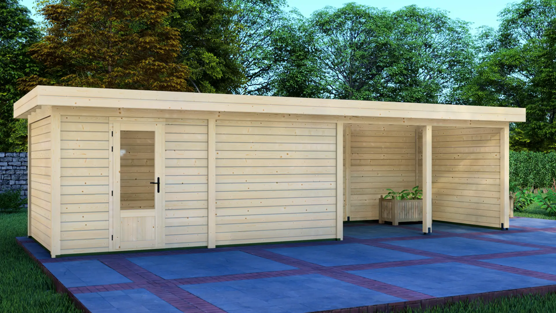 DSHouse dārza mājiņa 5x3m ar nojumi 4x3m - aizmugures sienas un sānu sienas skats Dārza mājiņa 5x3m ar nojumi 4x3m aizmugures sienas un sānu sienas skats, kurā redzama modulāra ziemeļu egles konstrukcija ar horizontālu apšuvumu un plakanu jumtu.