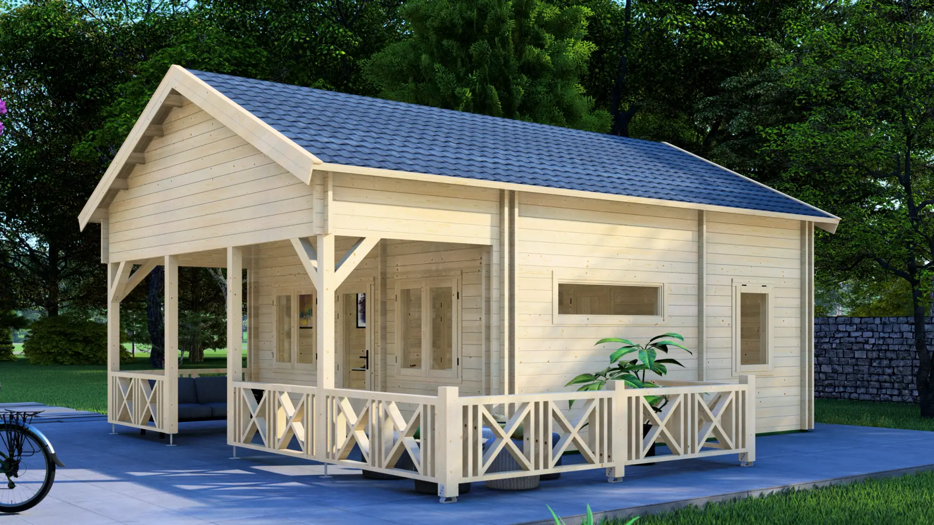 Dārza mājiņa "Pleasant" - kvalitatīva koka āra konstrukcija no DSHouse Dārza mājiņa "Pleasant" ar 28 m² dzīvojamo zonu un 17,7 m² terasi, kas būvēta no ziemeļu egles ar 44 mm sienas biezumu