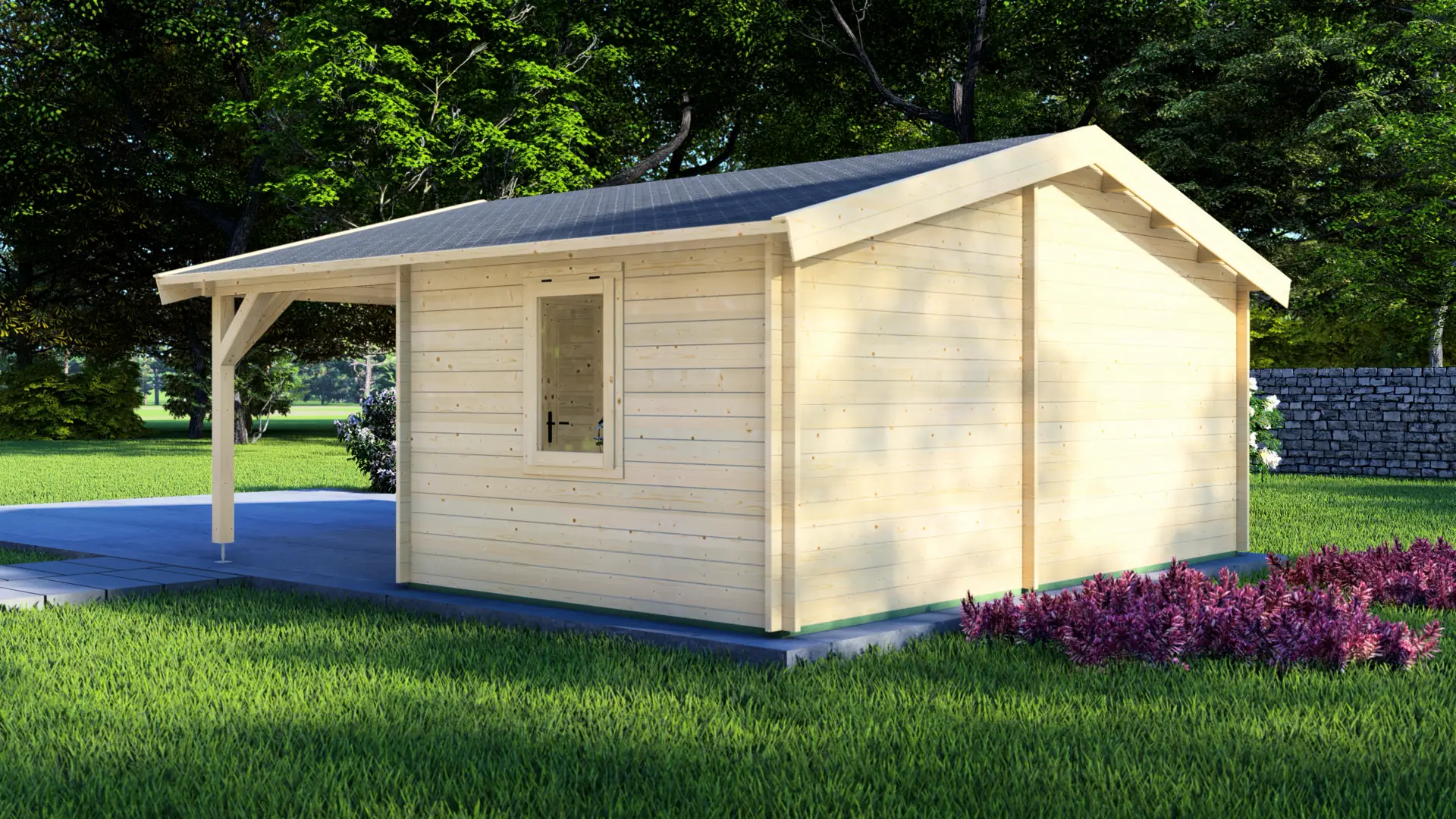 Koka garāža "City" 6x6 - DSHouse kvalitātes koka konstrukcija Koka garāža "City" 6x6 ar klasisku divslīpju jumtu, izgatavota no masīvas 44 mm ziemeļu egles, kopējais izmērs 5,95 m × 5,95 m.