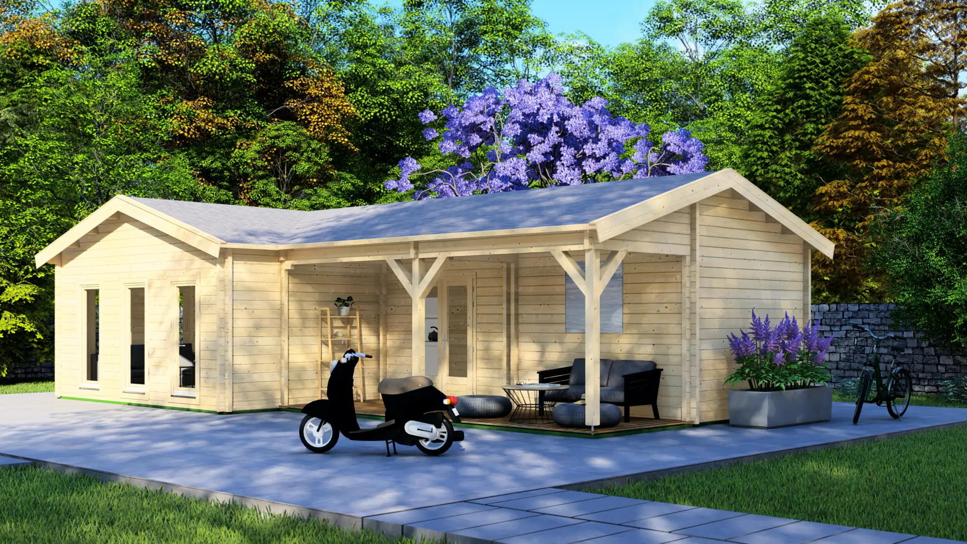 DSHouse dārza māja "Jolly" - 58 m² divslīpju jumta mājiņa ar 68 mm biezām sienām Dārza māja "Jolly" ir 58 m² divslīpju jumta mājiņa ar 46 m² dzīvojamo platību un 12 m² nosegtu terasi, kas būvēta ar 68 mm biezām sienām.