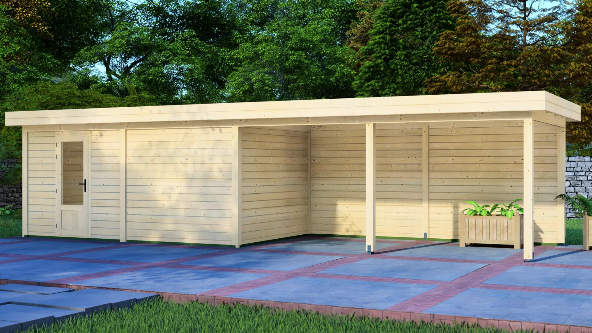 DSHouse dārza mājiņa 5x3m ar nojumi 5x3m - aizmugures skats Dārza mājiņa 5x3m ar nojumi 5x3m aizmugures skats uz modulāru ziemeļu egles konstrukciju ar horizontālu apšuvumu un plakanu jumtu.
