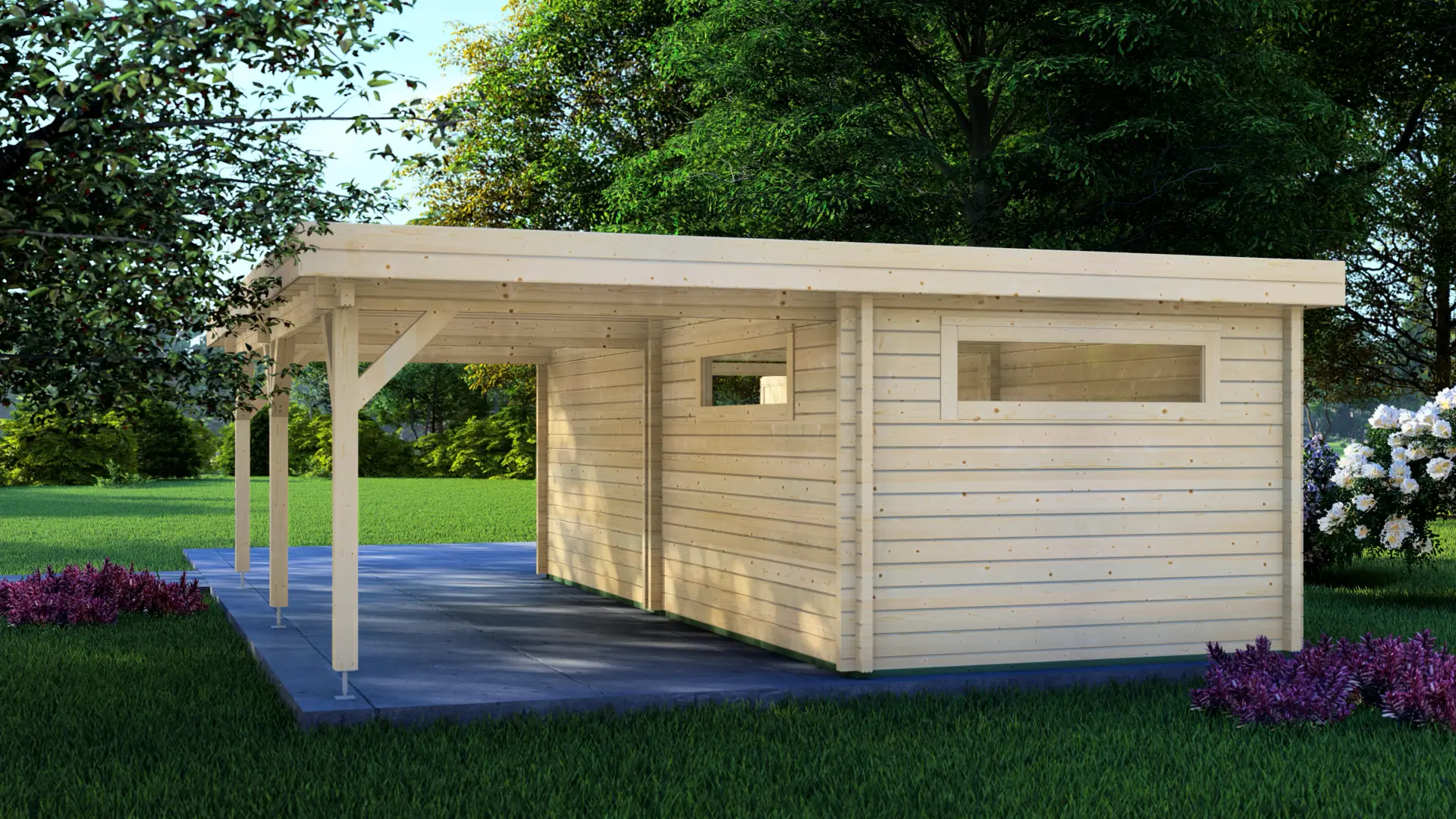Koka garāža + nojume 6,5×6 no DSHouse - Premium kvalitātes āra konstrukcija Koka garāža + nojume 6,5×6 ir izgatavota no 68 mm ziemeļu egles ar plakanu jumtu un diviem horizontāliem logiem, kopējie izmēri 6,10×6,70 metri.