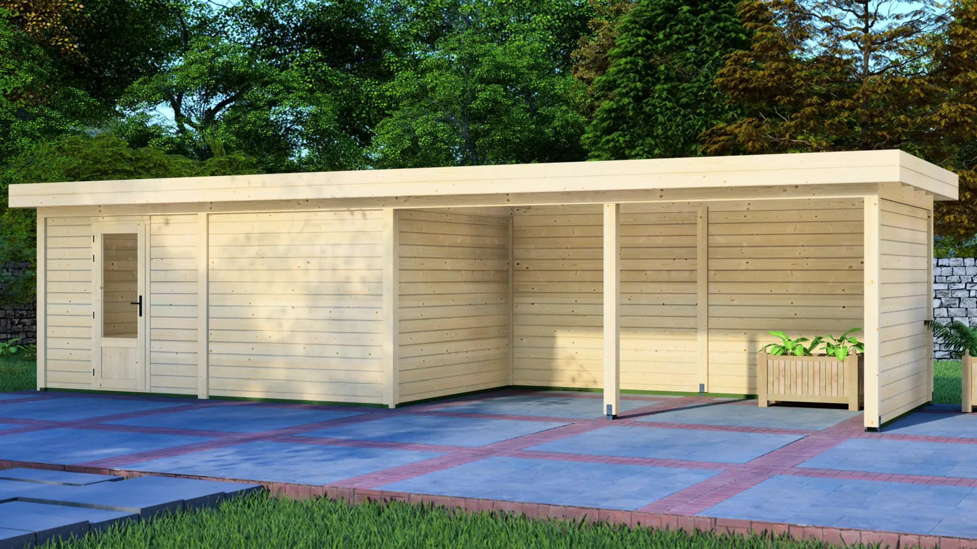 DSHouse dārza mājiņa 5x3m ar nojumi 5x3m - sānu sienas skats Dārza mājiņa 5x3m ar nojumi 5x3m, kas rāda modulāras ziemeļu egles konstrukcijas sānu sienu ar horizontālu apšuvumu un plakanu jumtu.