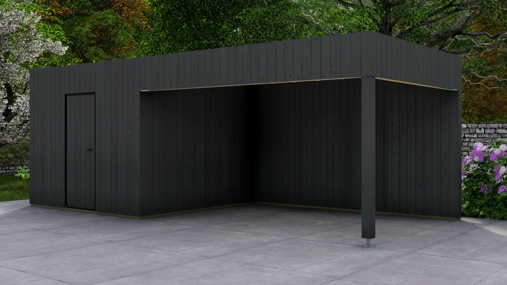 Dārza mājiņa "Frame" 3x3 + nojume 4x3 ar 18 m² kopējo apbūves laukumu Dārza mājiņa "Frame" 3x3 + nojume 4x3 ar tīru, minimālistisku koka dizainu un pagarinātu nojumi, kas rada plašāku aizsargātu zonu.