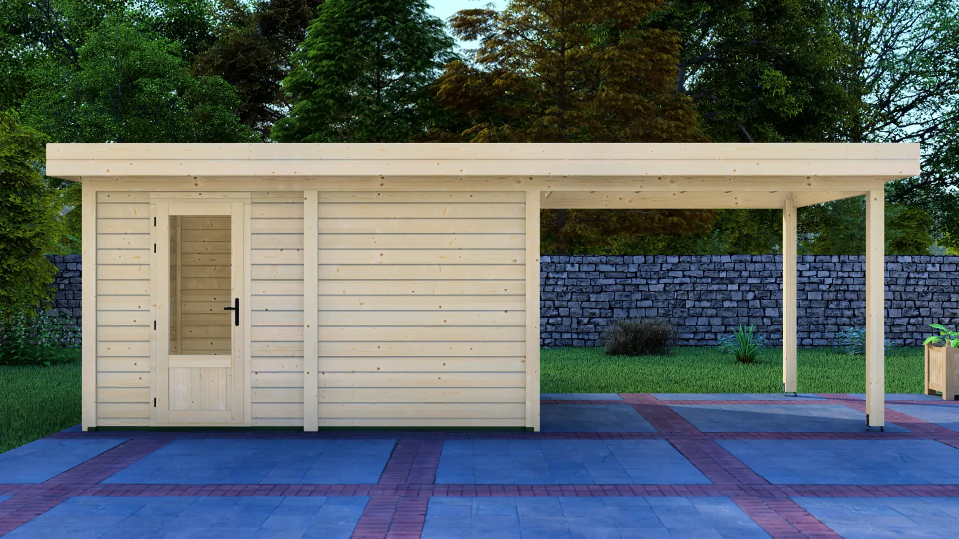 DSHouse dārza mājiņa 4x3m ar nojumi 3x3m - modulāra koka konstrukcija Dārza mājiņa 4x3m ar nojumi 3x3m - modulāra ziemeļu egles konstrukcija ar horizontālu apšuvumu un plakanu jumtu, kas paplašinās veidojot nojumi.