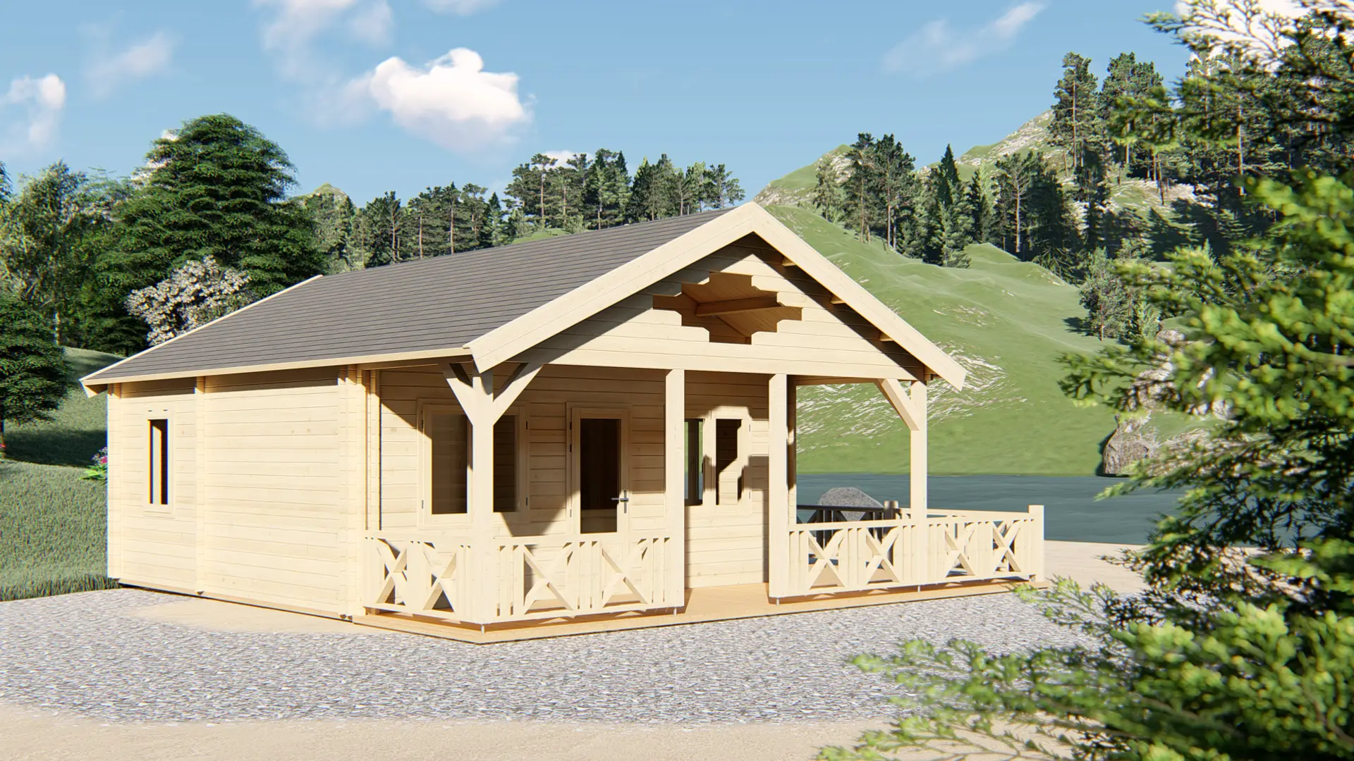 Dārza mājiņa "Pleasant" - 28 m² dzīvojamo zonu, 14 m² pusstāvu un 17,7 m² terasi ar jumtu Dārza mājiņa "Pleasant" ar 28 m² dzīvojamo zonu pirmajā stāvā, 14 m² pusstāvu un 17,7 m² terasi ar jumtu, būvēta no ziemeļu egles.