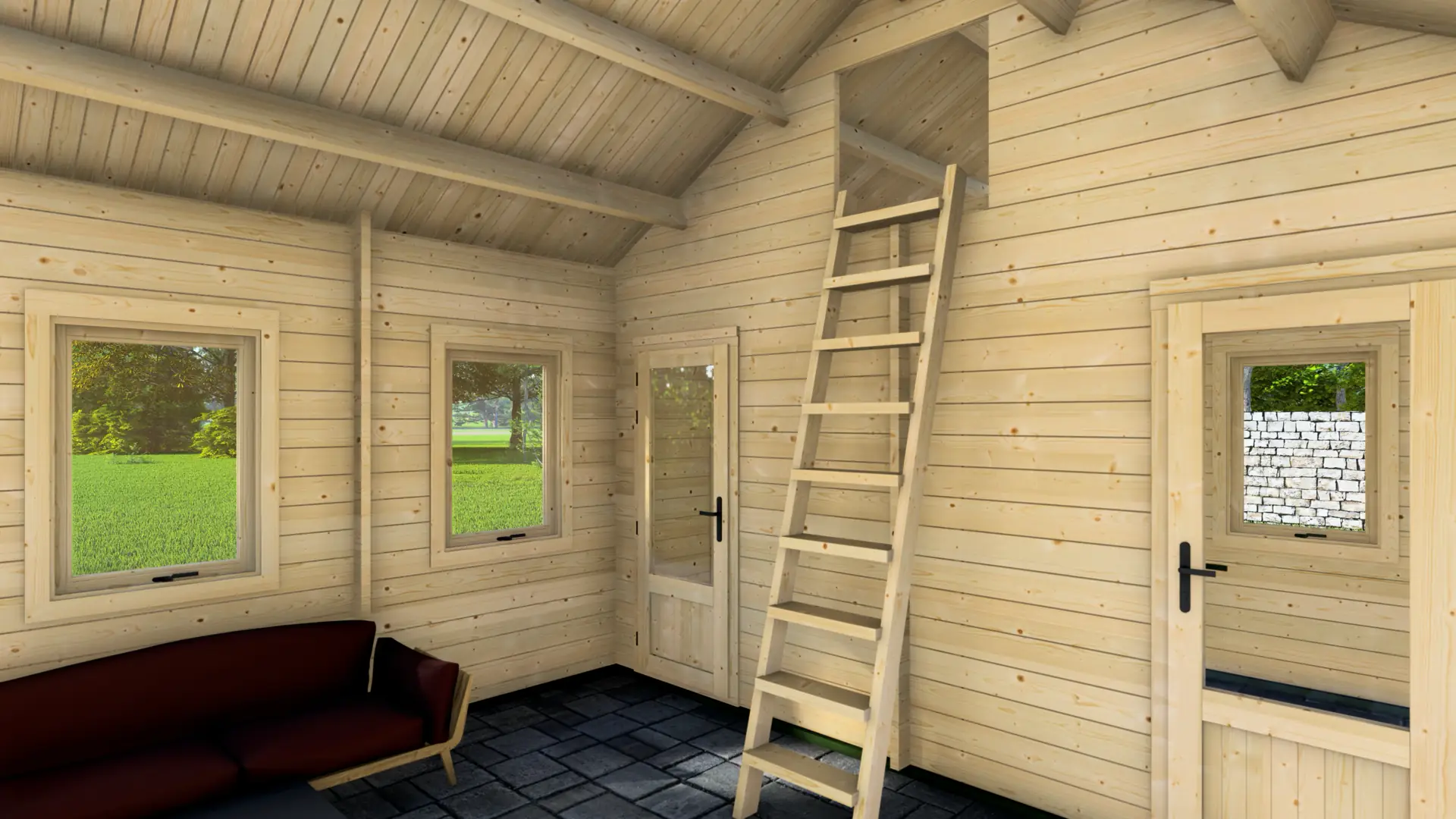 Dārza mājiņa "Calm" - 34,9 m² dzīvojamā platība ar ziemeļu egles sienām Dārza mājiņa "Calm" ar trim pirmā stāva telpām un 10 m² pusstāvu, izgatavota no ziemeļu egles ar septiņiem dubultajiem logiem.