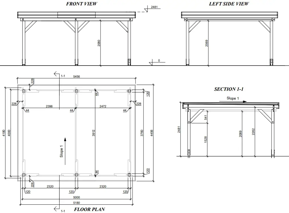 Koka nojumes "Classic" 5×4 ar plakanu jumtu plāns un izmēri Koka nojume "Classic" 5×4 ar plakanu jumtu plāns ar izmēriem un izkārtojumu, kas parāda automašīnu novietošanas vietu un konstrukcijas detaļas.