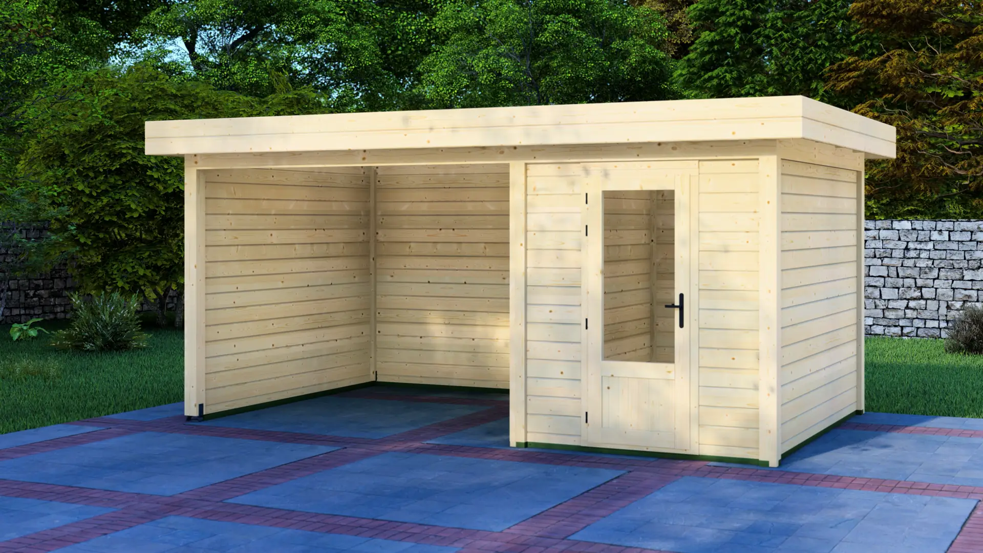 DSHouse dārza mājiņa 2x3m ar nojumi 3x3m - aizmugures un sānu sienas skats Dārza mājiņa 2x3m ar nojumi 3x3m parāda modulāras ziemeļu egles konstrukcijas aizmugures un sānu sienas ar horizontālu apšuvumu un plakanu jumtu.