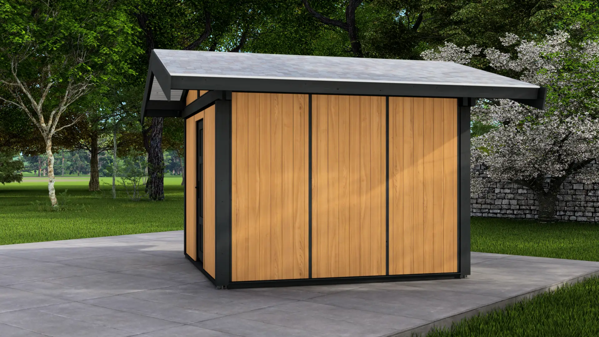 Dārza mājiņa "Faxwerk" 328x328 divslīpju jumtu - DSHouse augstākās kvalitātes koka konstrukcija Dārza mājiņa "Faxwerk" 328x328 divslīpju jumtu ar atsegtu statņu un siju karkasu, kas izgatavota no ziemeļu egles ar moduļu sienu aizpildījuma paneļiem.