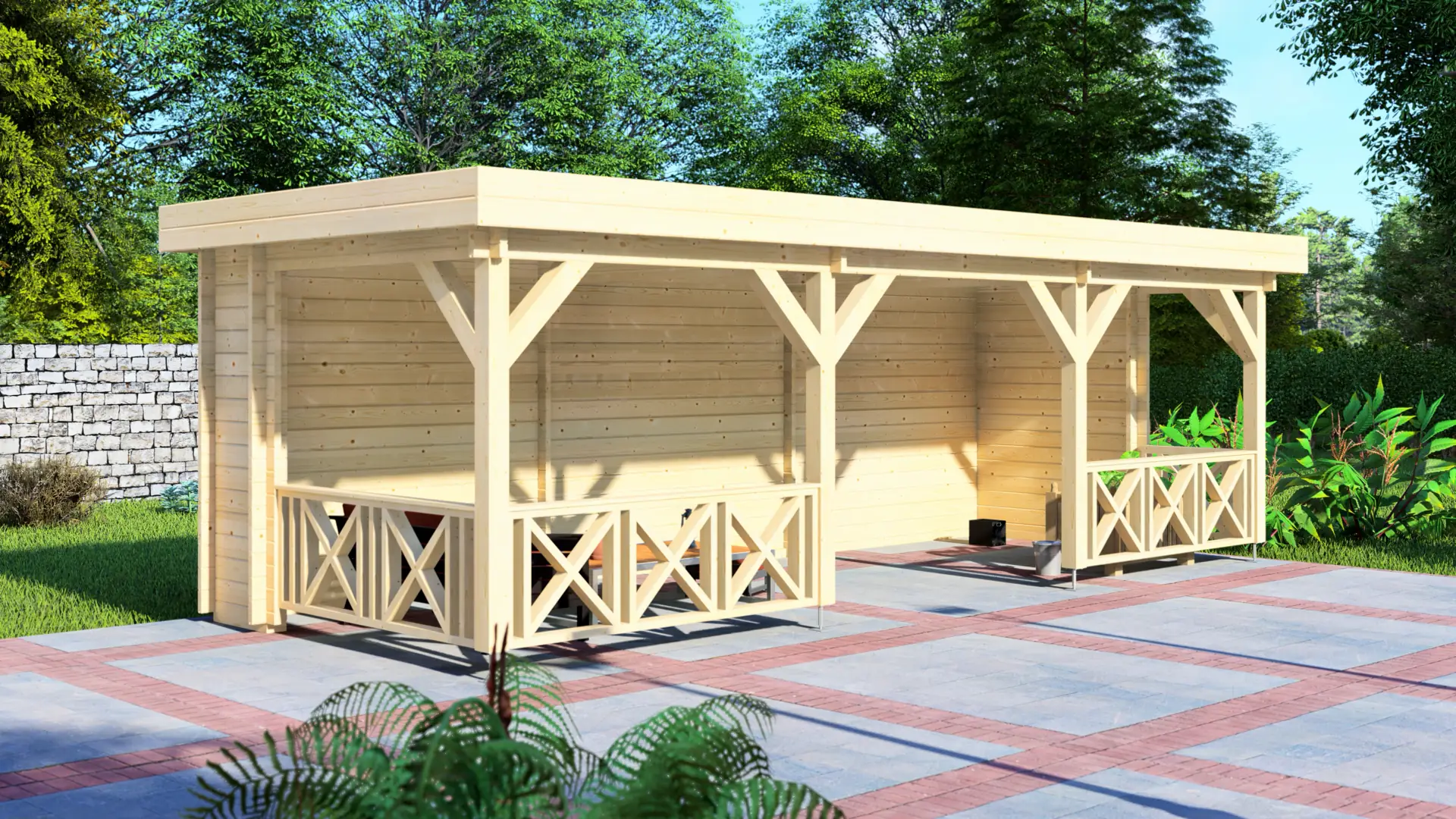 Nojume "Open" - 44 mm ziemeļu egles konstrukcija ar vienslīpju jumtu un masīvu egles koka sienu Nojume "Open" nodrošina 22,5 m² nosegtas āra telpas pagarinātā 3 × 7,5 m apbūves laukumā ar trīs atvērtām daļām un dekoratīvām margām.