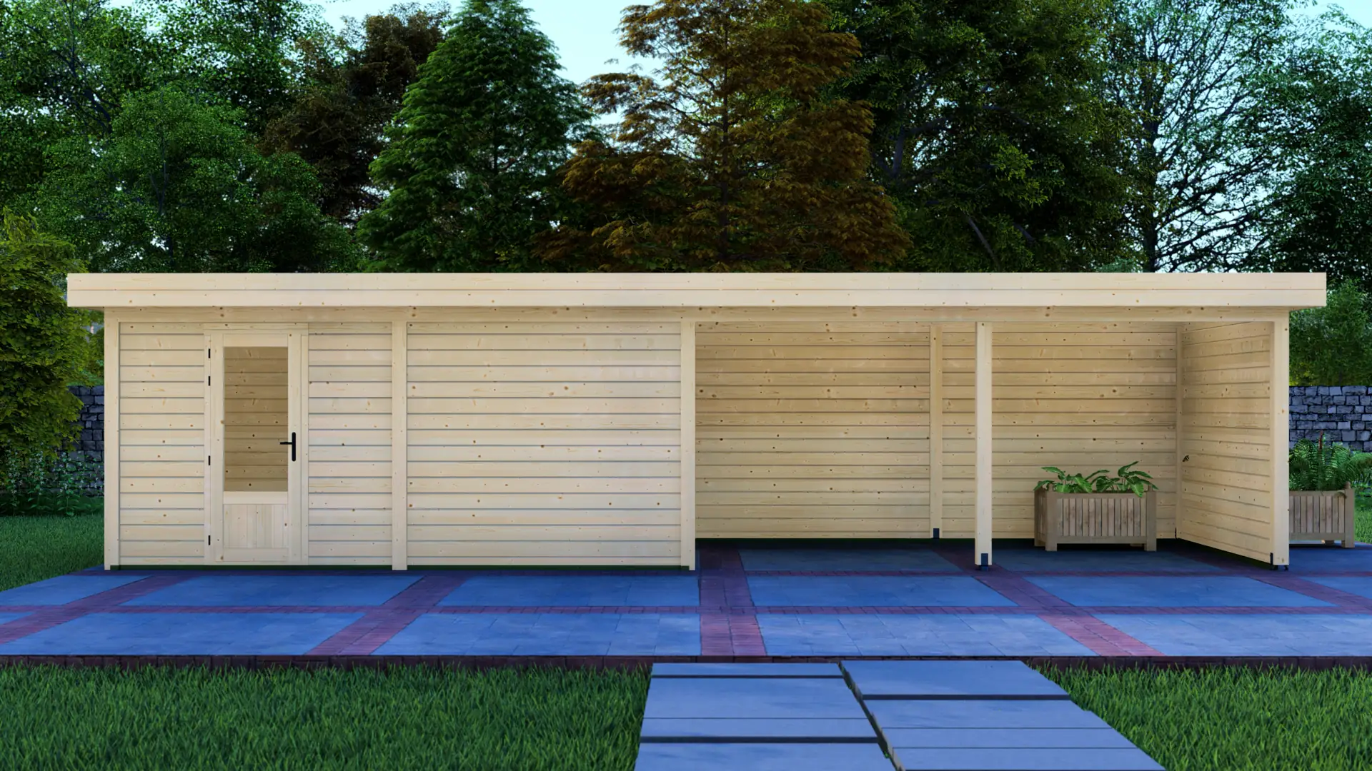 DSHouse dārza mājiņa 5x3m ar nojumi 5x3m - aizmugures un sānu sienas skats Dārza mājiņa 5x3m ar nojumi 5x3m aizmugures un sānu sienas skats, kurā redzama modulāra ziemeļu egles konstrukcija ar horizontālu apšuvumu un plakanu jumtu.