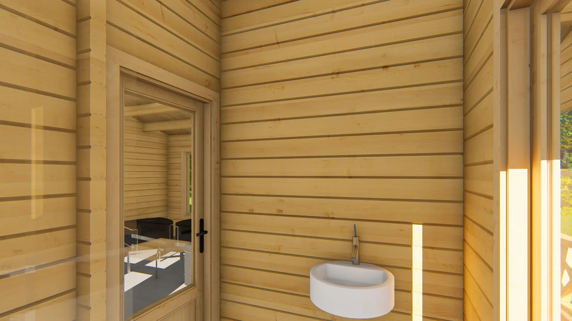 DSHouse dārza māja "Hopeful" - 45,2 m² koka konstrukcija ar terasi Dārza māja "Hopeful" ar 45,2 m² platību, izgatavota no ziemeļu egles ar 68 mm sienām visu gadu izmantošanai, priekšējā skats ar terasi un astoņiem logiem.