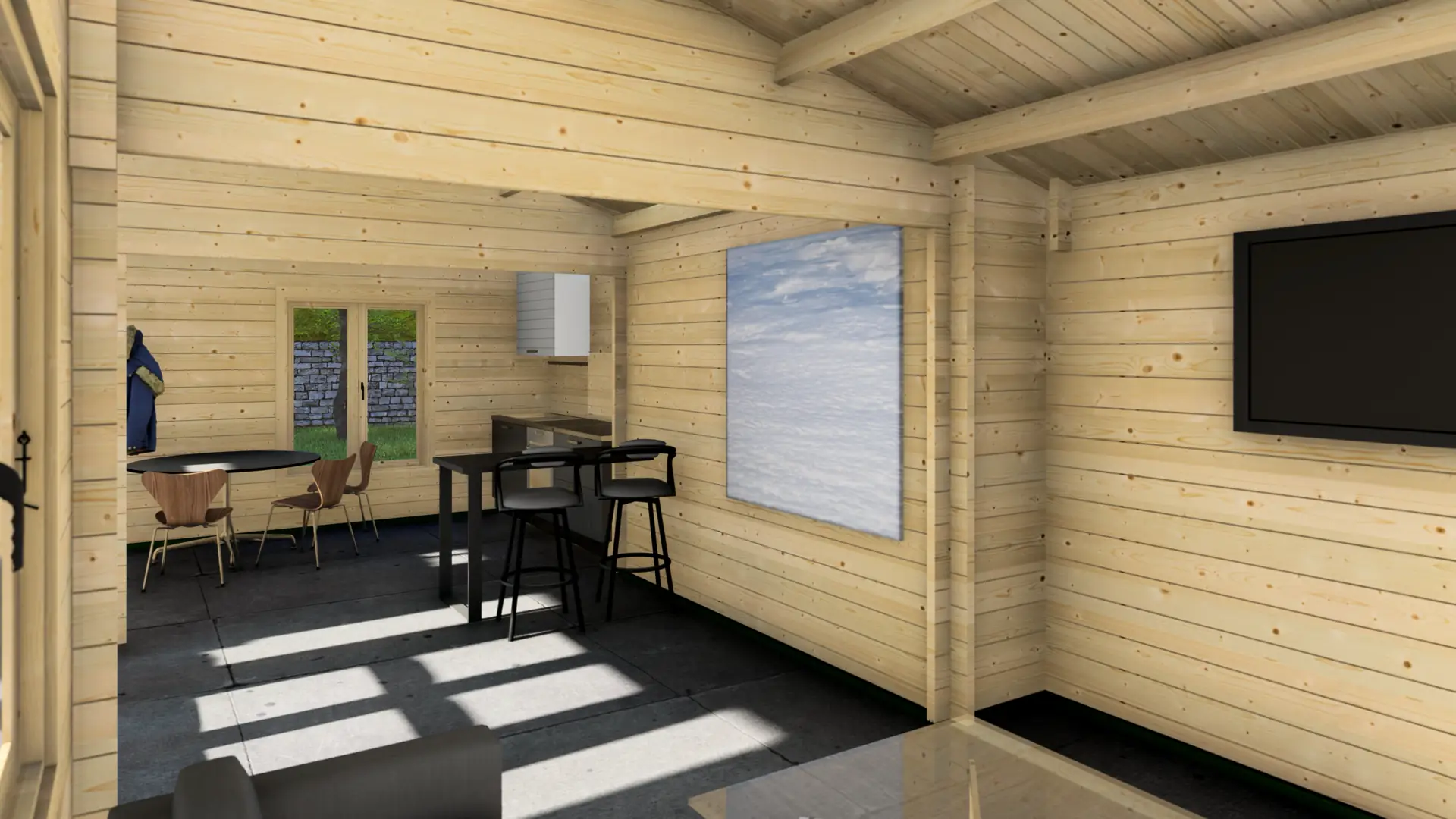 Dārza māja "Glorious" - 53 m² koka konstrukcija ar terasi Dārza māja "Glorious" ar plašu terasi un sešiem logiem, izgatavota no ziemeļu egles ar divslīpju jumtu.